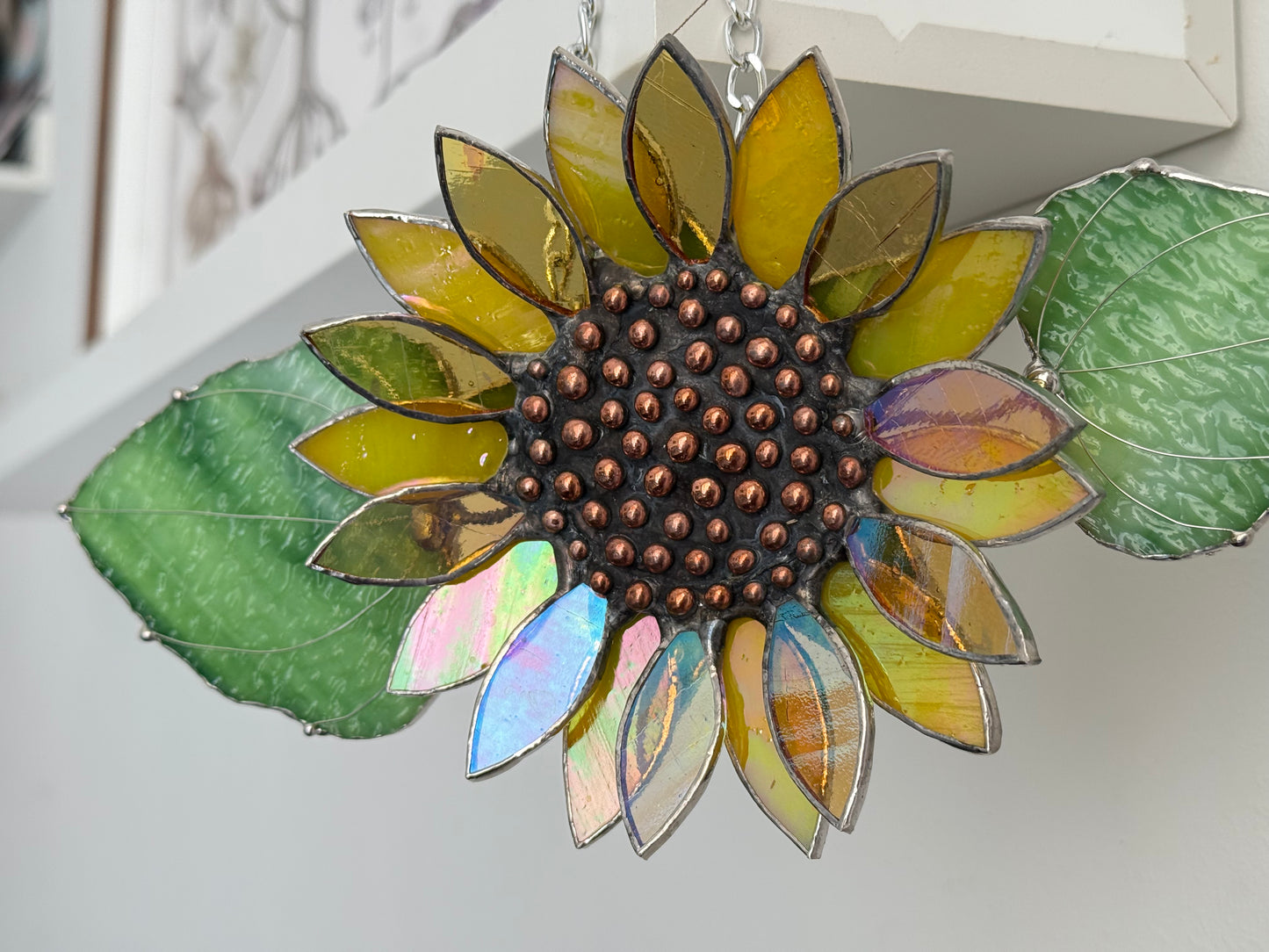 .Bright Yellow Sunflower Stained Glass Sun catcher, Wall Art Decor ready