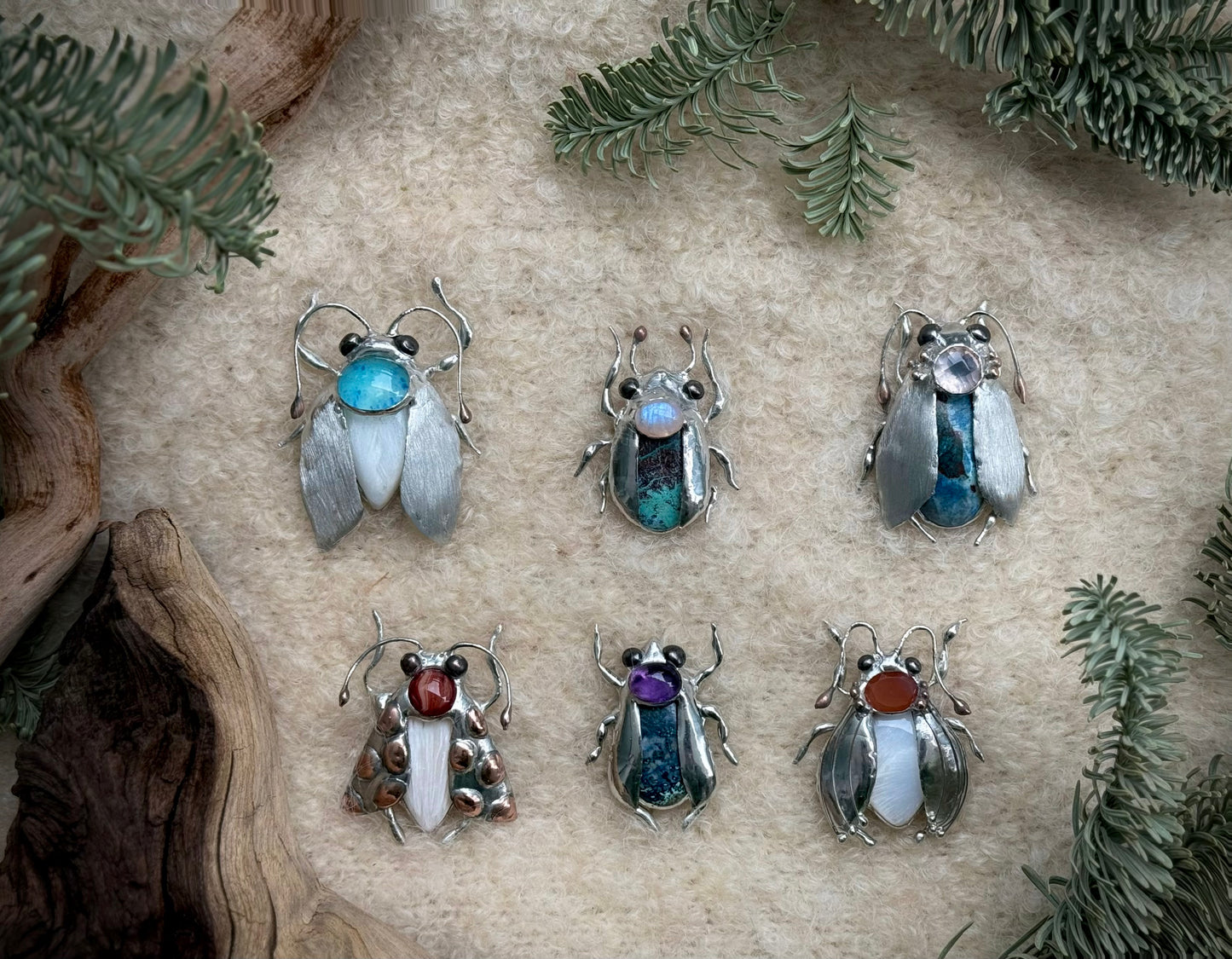 "  . Bug Necklace or Brooch with semi-precious stones and fused glass, art jewelry pendant 3D wedding jewelry Mother’s Day gift