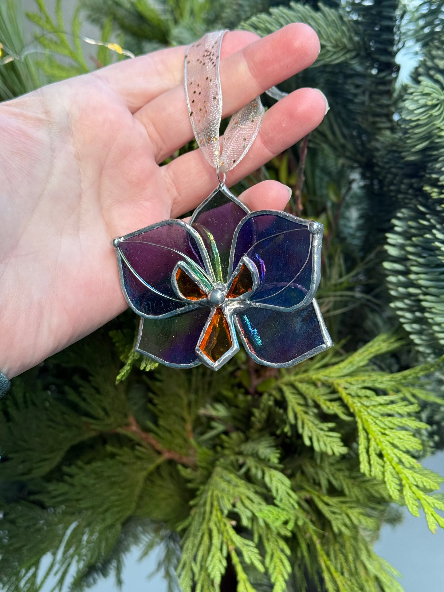 " . Butterfly Orchid flower Plum transparent irid, Stained glass Decorative ORNAMENT, Christmas decoration, Suncatcher