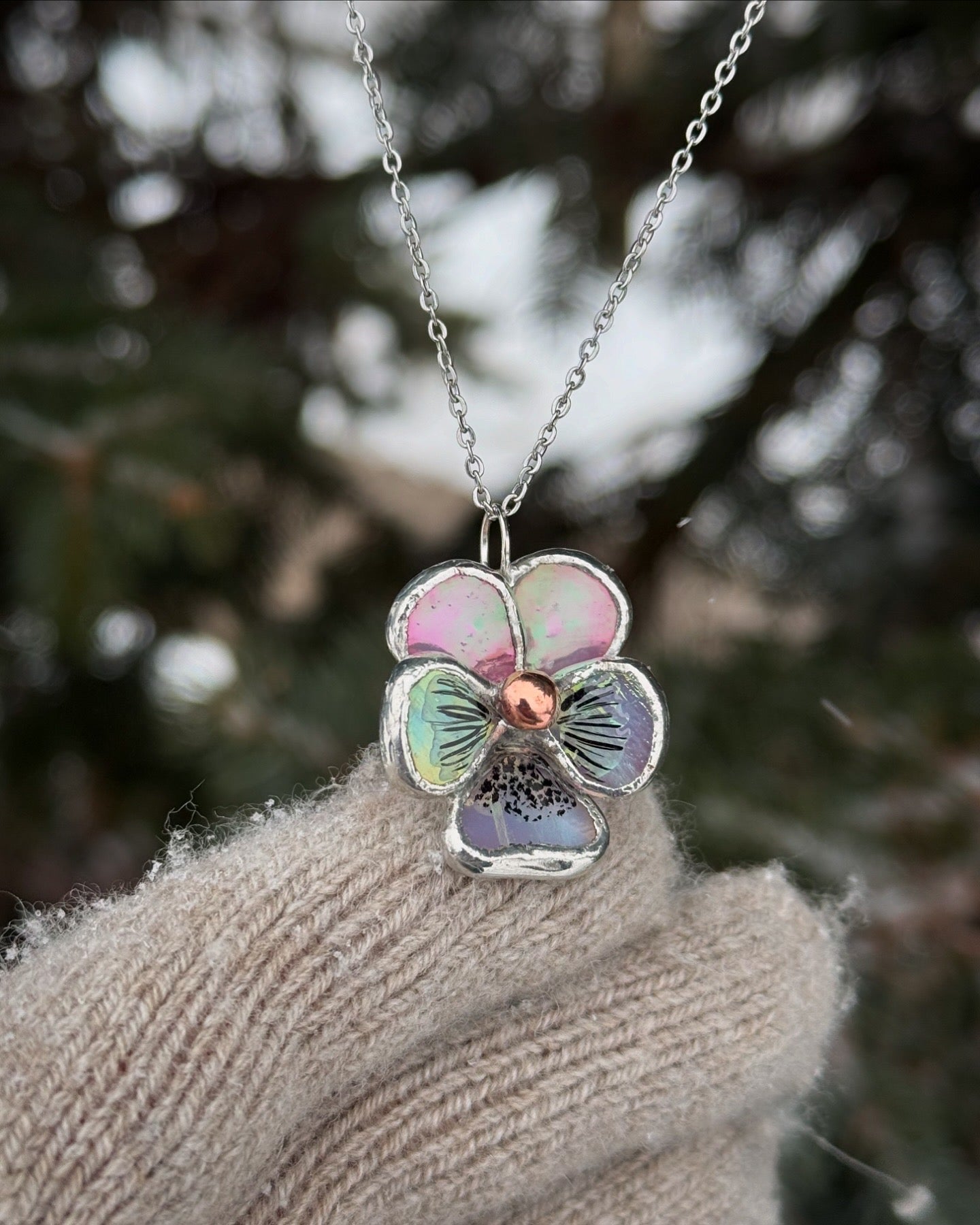 " . CHOOSE COLOR “NECKLACE Pansy flower” Stained glass tropical flower 3D, art jewelry