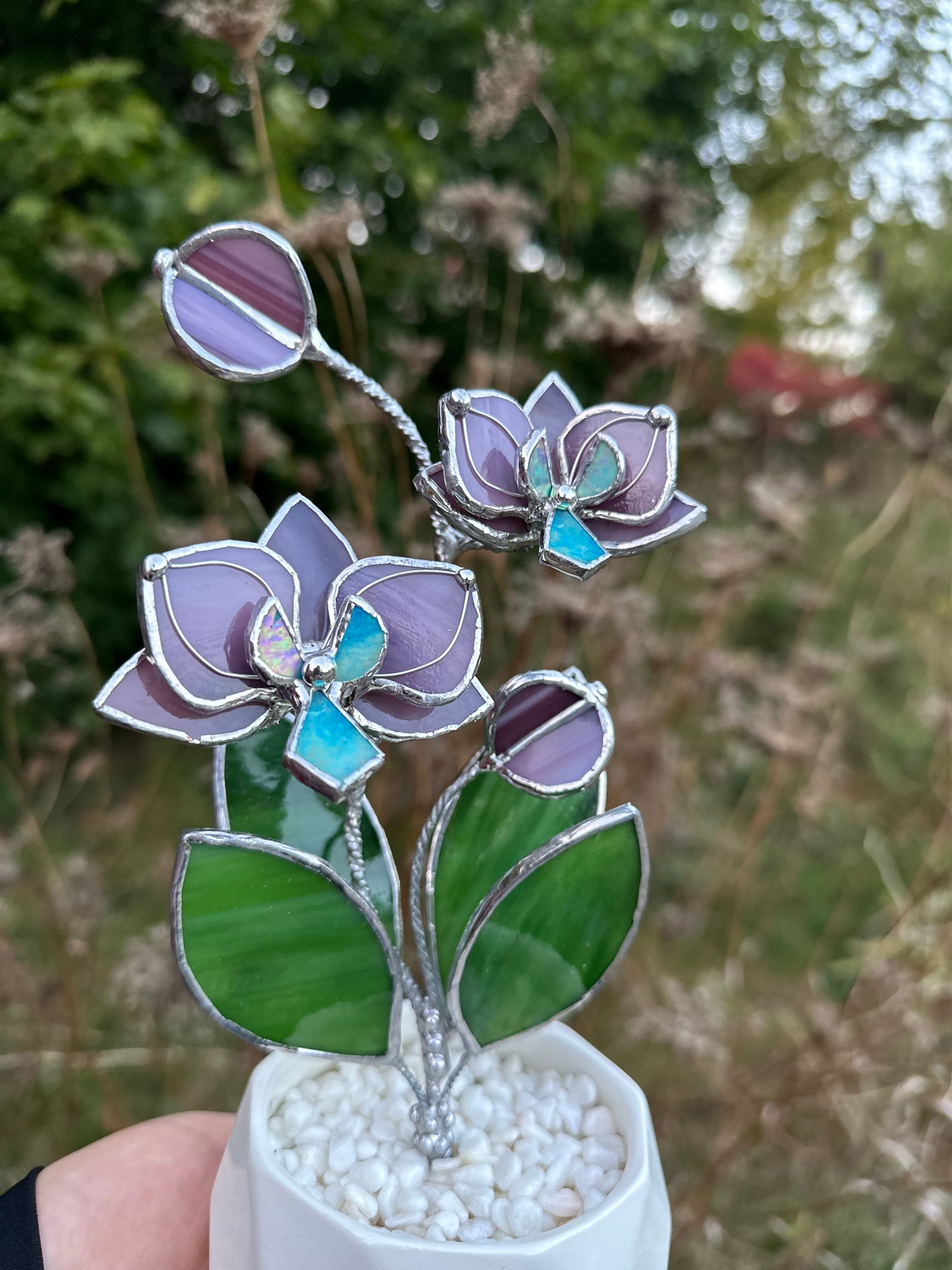 " . Dusty Rose Orchid 2 flowers with pot” Stained glass tropical flower 3D, Sun catcher, Table plant decor, Garden stick, Outdoor and gardening decor