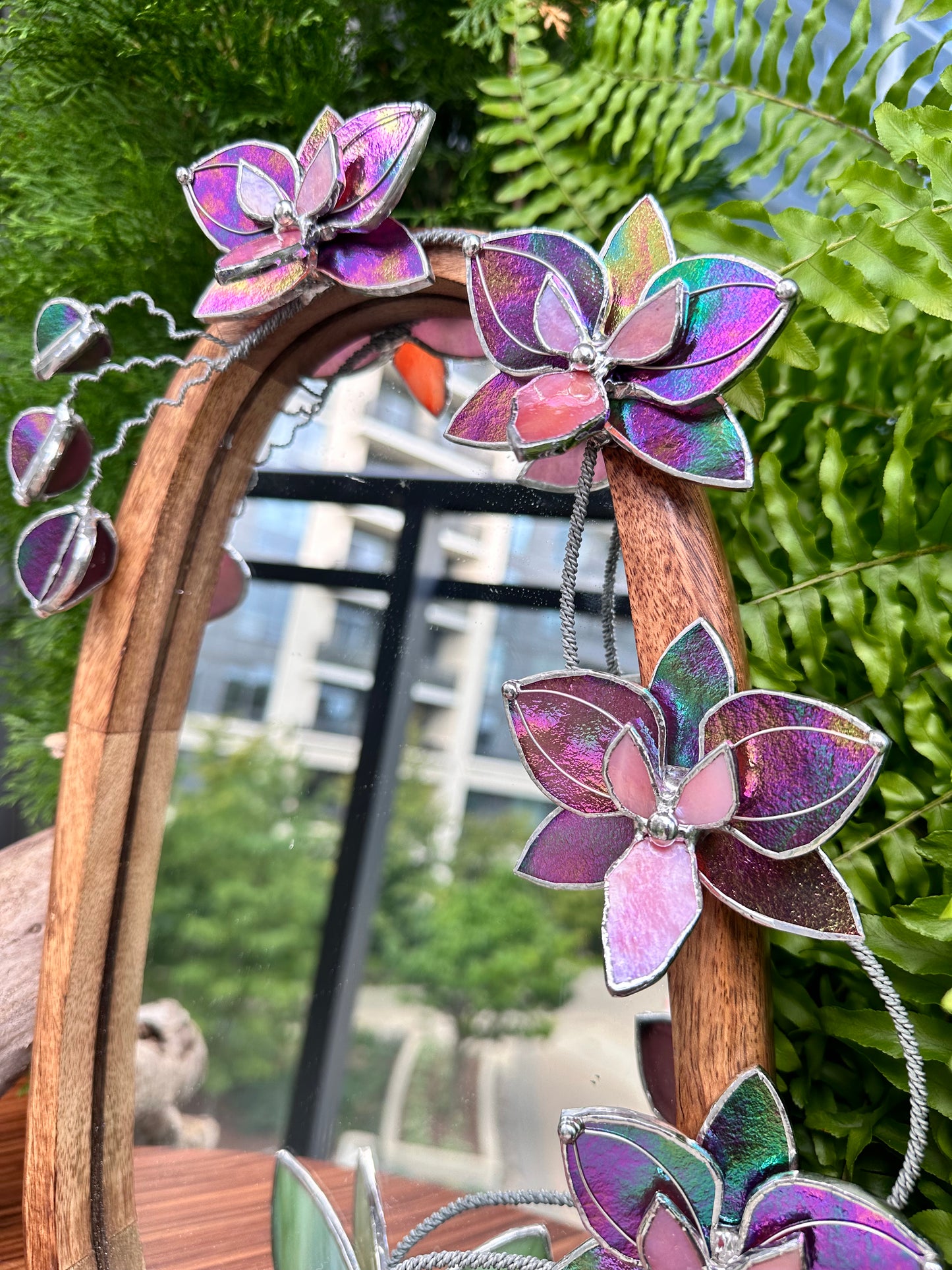 " . Butterfly Mauve iridescent Orchid Mirror”, Stained glass flower Wall decor, Suncatcher, Home wedding Decor, Christmas gift, available