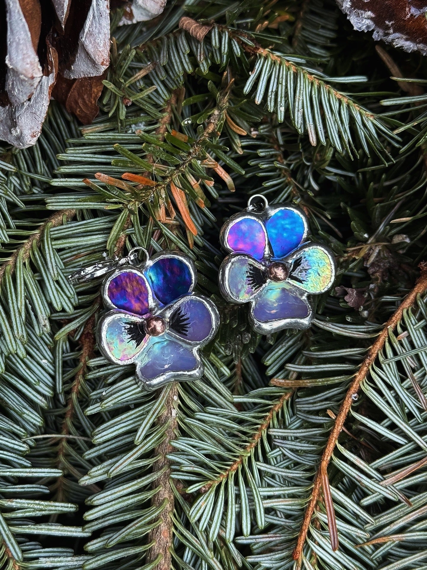 Pansy Earrings Indigo Lavender Handcrafted Stained glass Botanical Art Jewelry