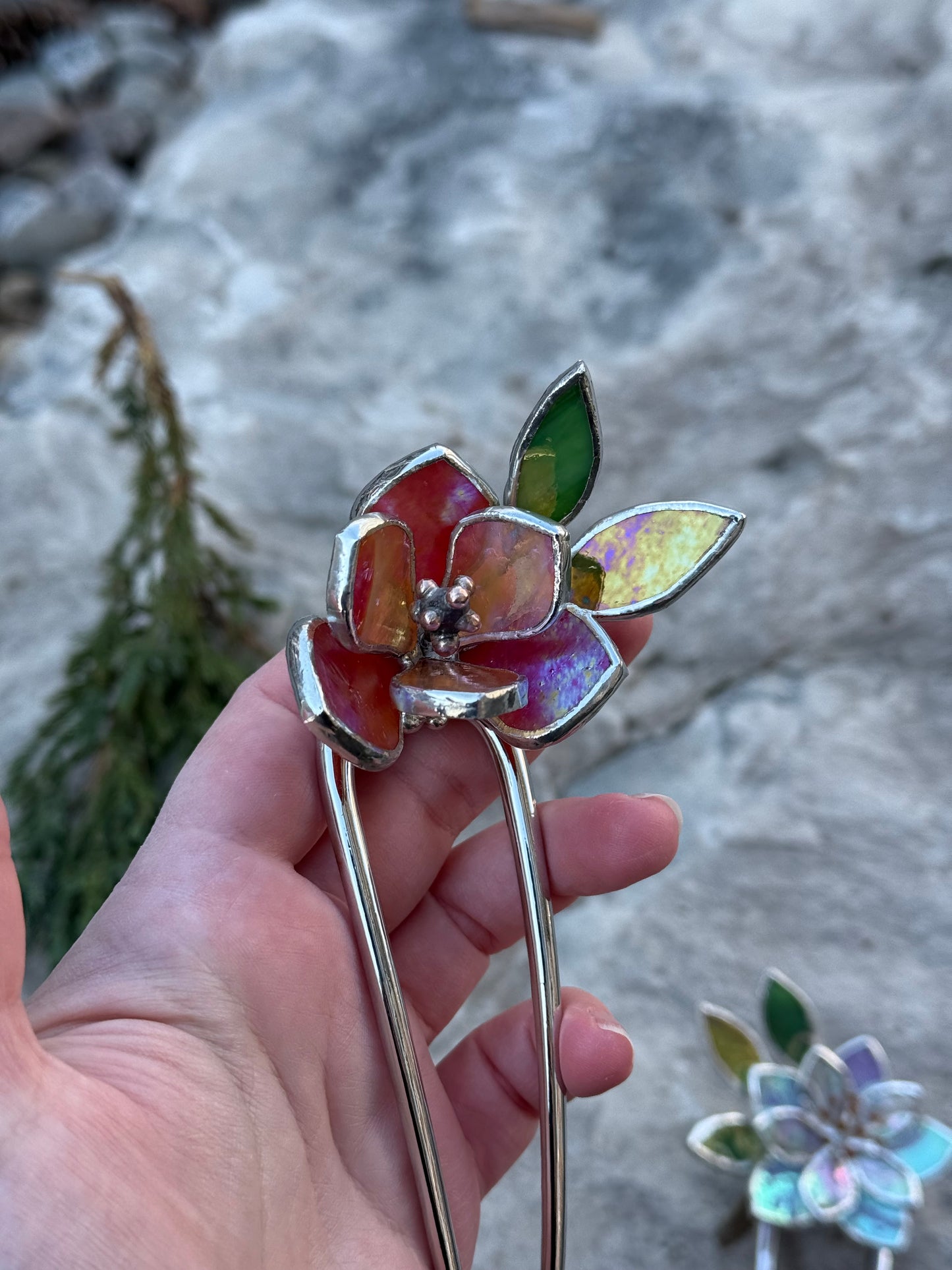 Hair Pin Stained Glass Magnolia Flower CHOOSE COLOR Handmade Floral Accessories