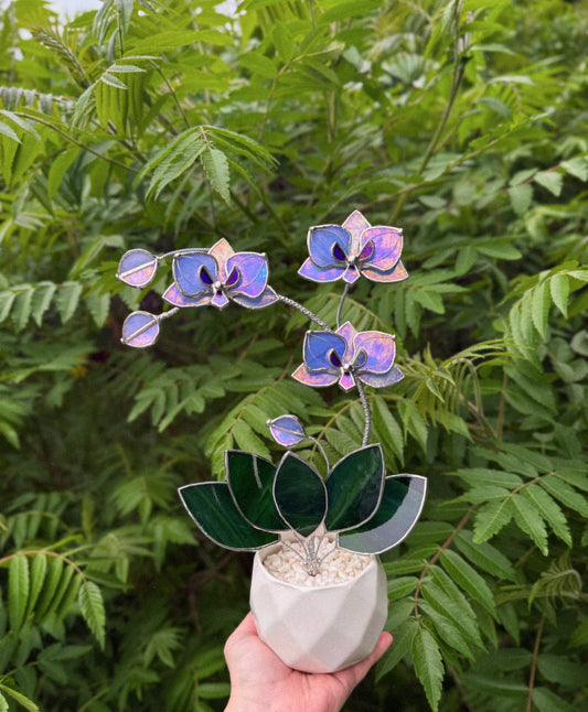 " . Blue lavender iridescent Orchid 3 flowers with pot” Stained glass tropical flower 3D, Sun catcher, Table plant, Garden stick, Outdoor and gardening decor available new