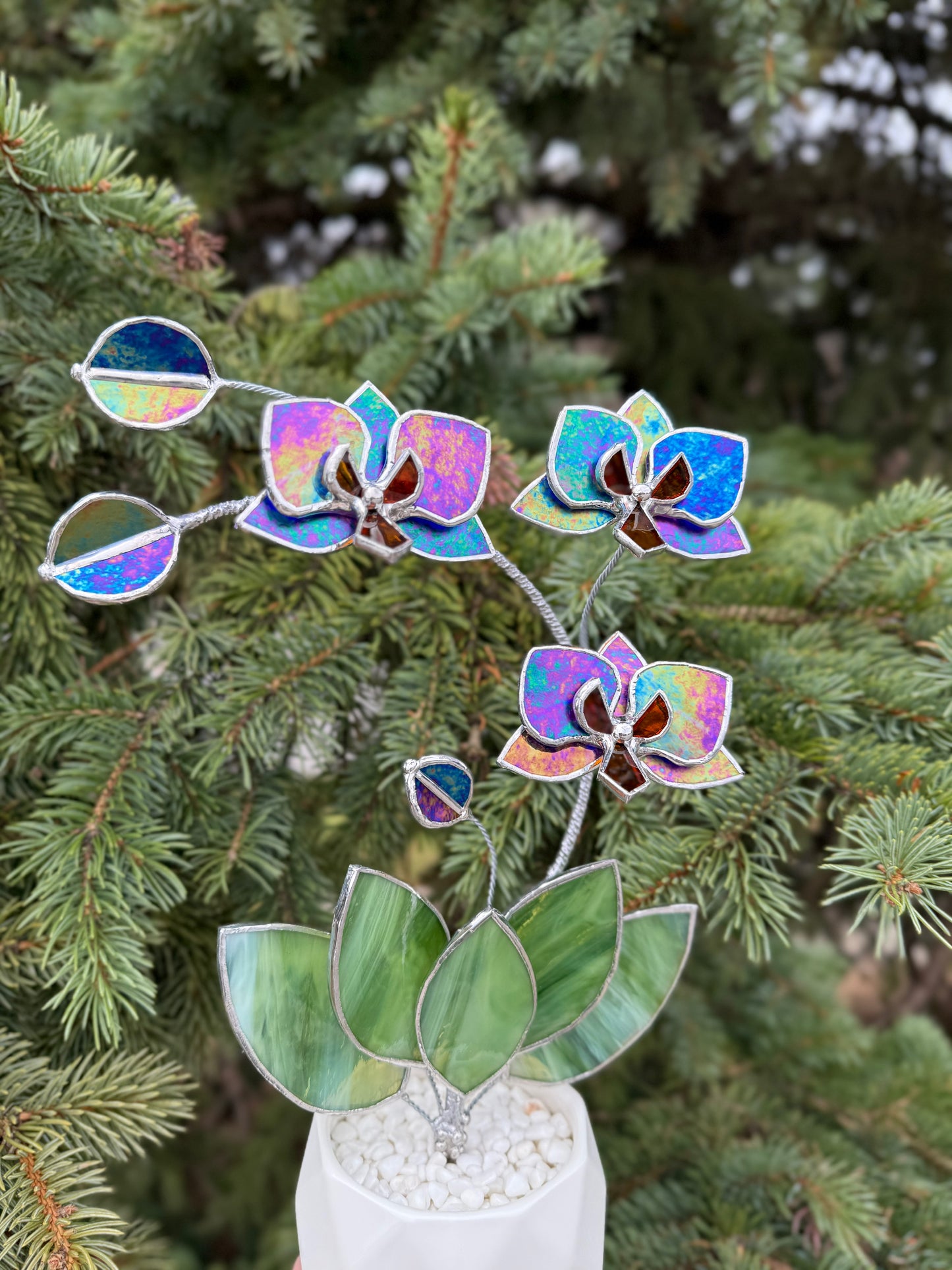 " . Indigo iridescent Orchid 3 flowers with pot” Stained glass tropical flower 3D, Sun catcher, Table plant, Garden stick, Outdoor and gardening decor