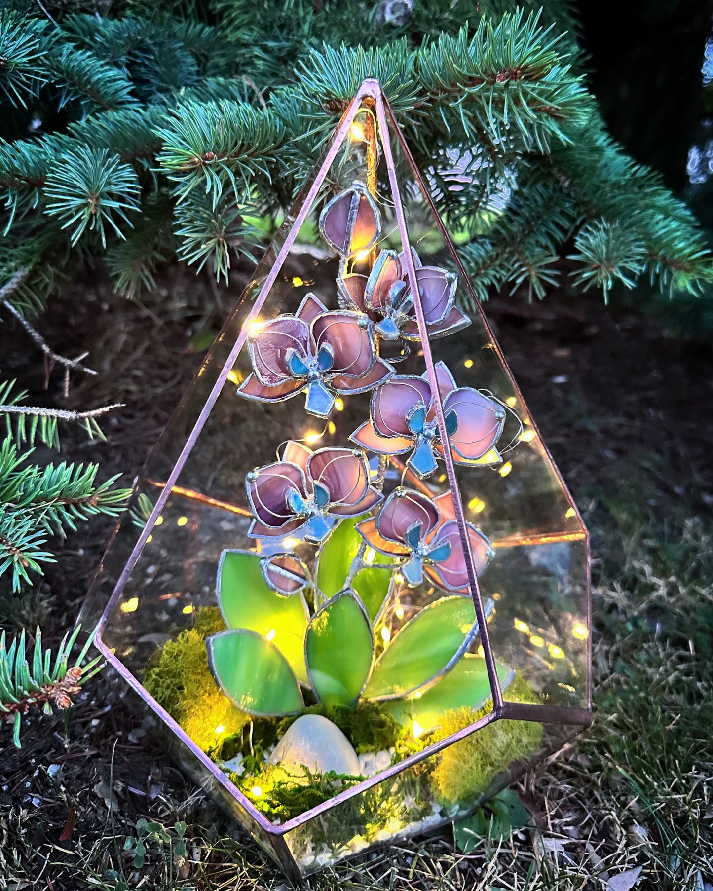 " . Geometric glass 3D terrarium Teardrop with stained glass orchids. Wedding glass decor, Mother’s Day  gift, glass art, suncatcher, succulents, cacti