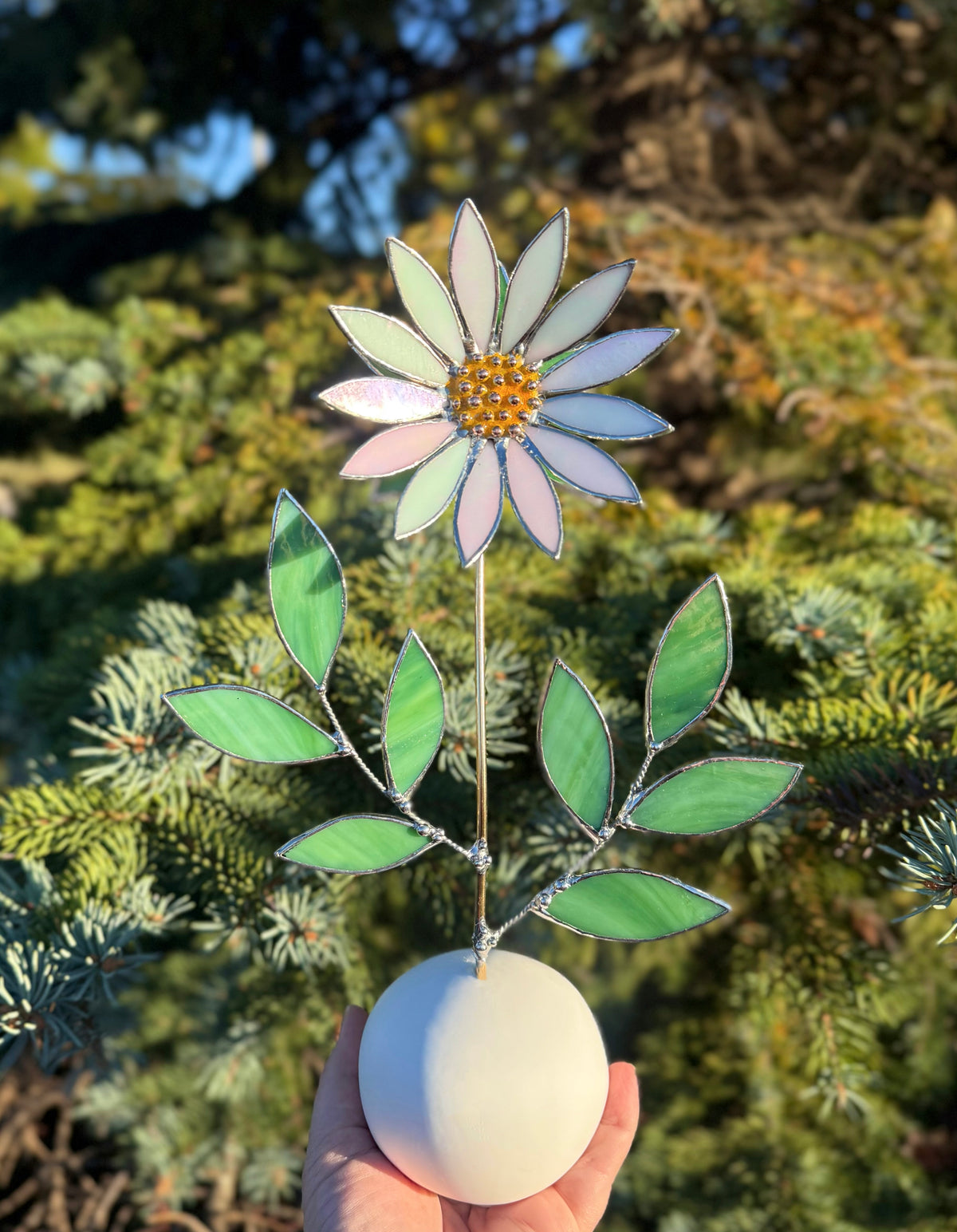 Daisy flower White Pearl, Stained Glass Botanical Art, Modern Decor Wildflower