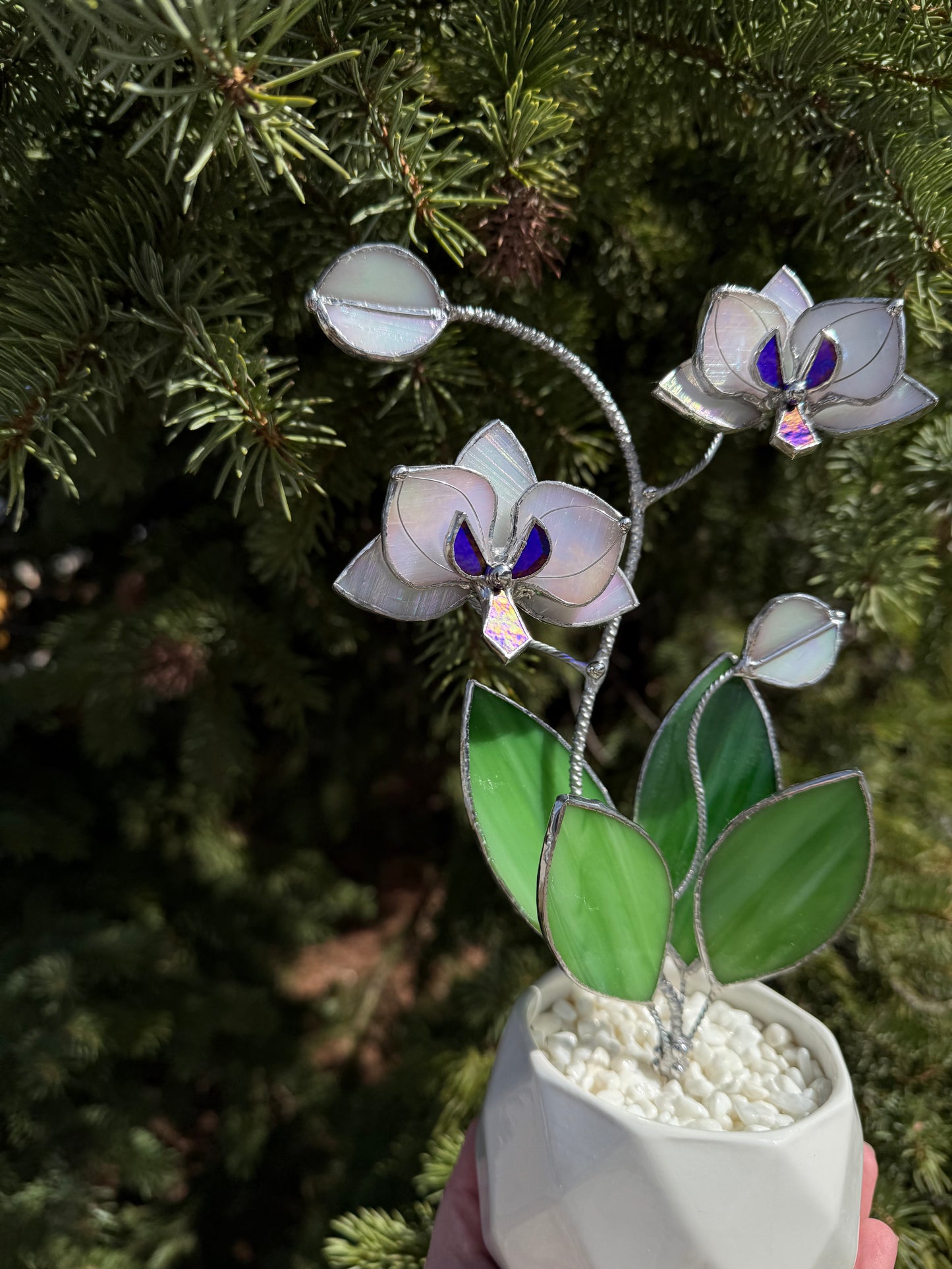 " . Orchid White Pearl iridescent, 2 flowers with pot” Stained glass tropical flower 3D, Sun catcher, Table plant decor, Garden stick, Outdoor and gardening decor