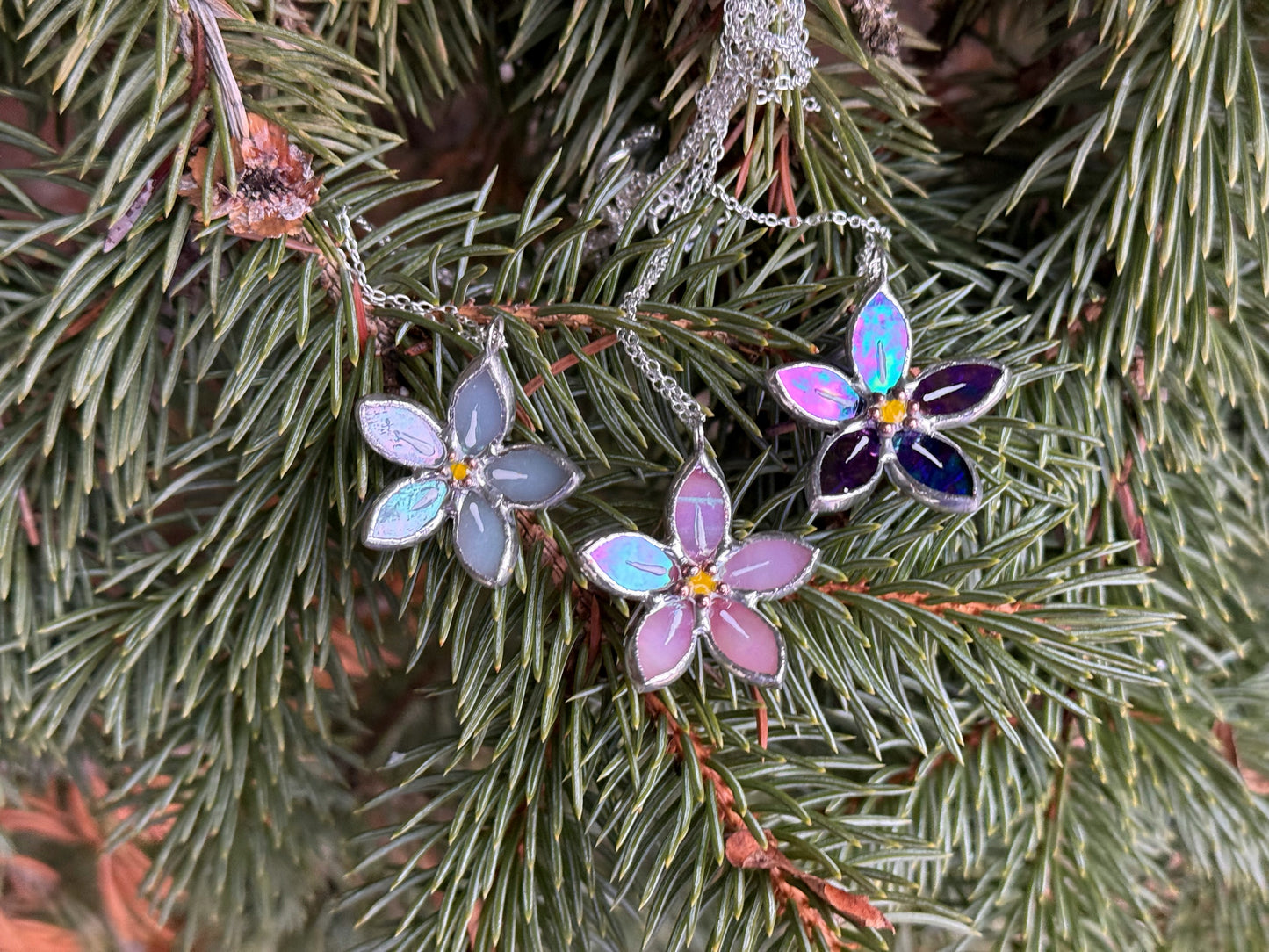 Forget Me Not Handmade Stained Glass Necklace Pink, Botanical Jewelry