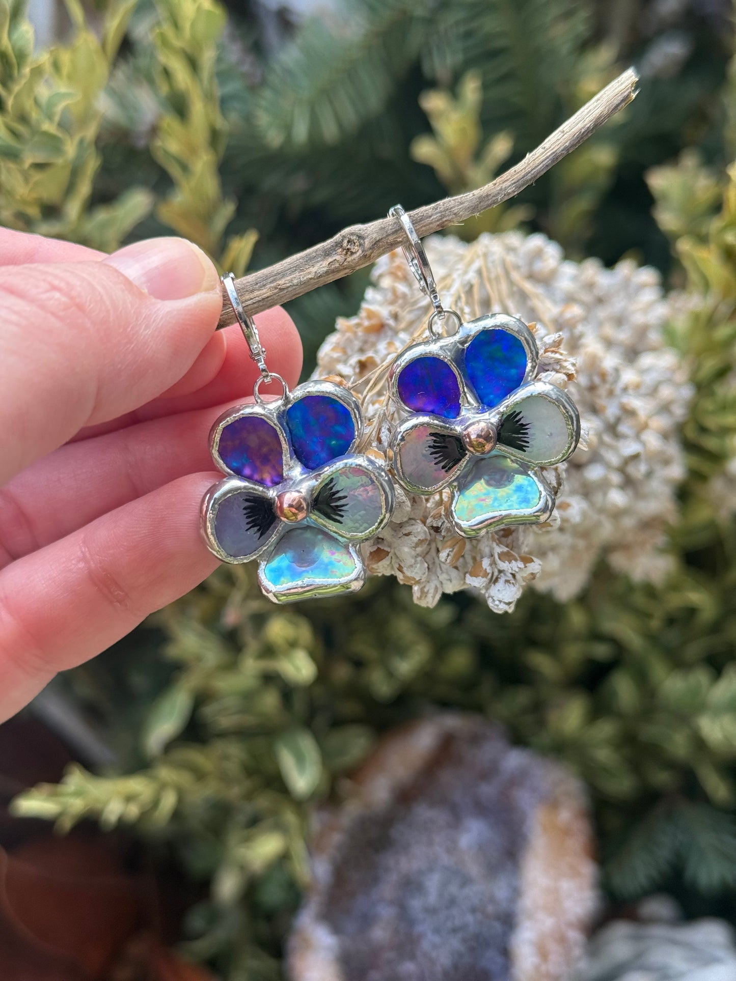 Pansy Earrings Indigo Lavender Handcrafted Stained glass Botanical Art Jewelry