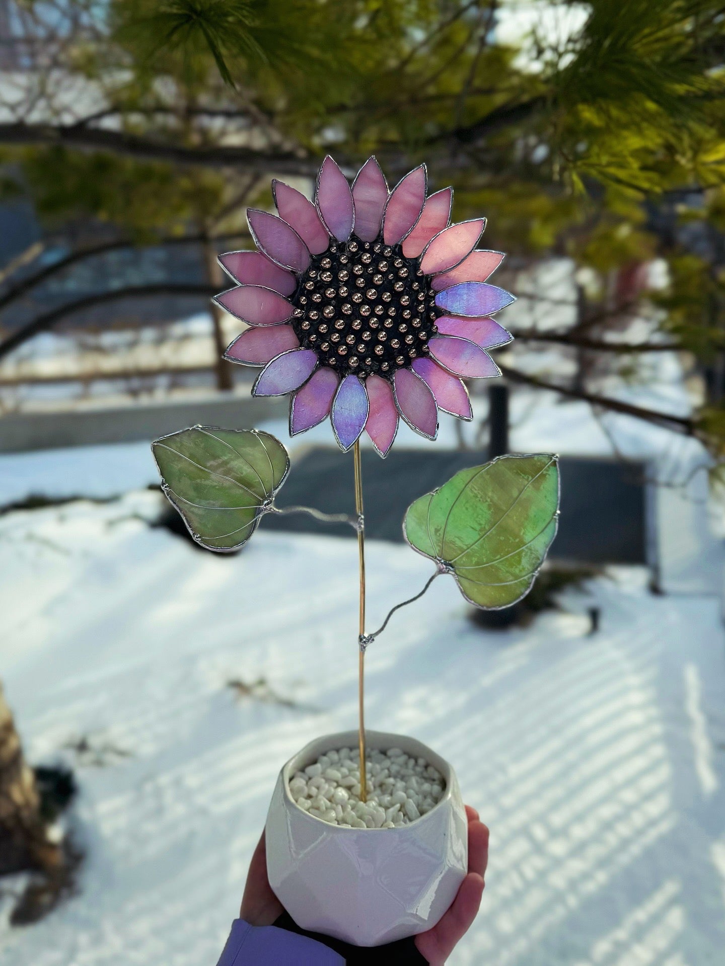 "  . Sunflower Delicate Pink irid ", stained glass tropical flower 3D, Sun catcher, Table plant decor, Garden stake, Outdoor and gardening, wedding Christmas gift