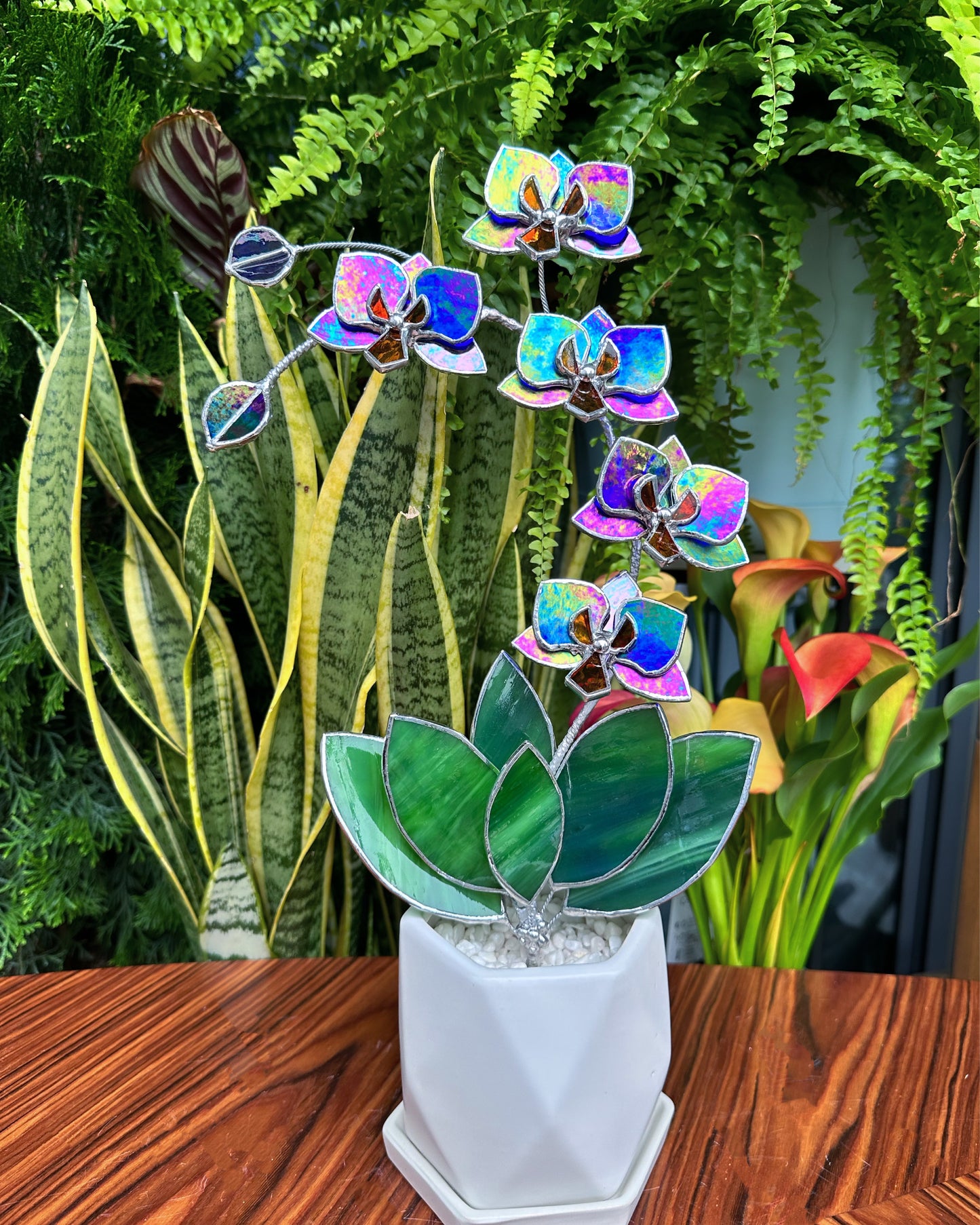 " .Indigo iridescent Orchid 5 flowers with pot" Stained glass tropical flower 3D, Sun catcher, Table plant, Garden stick, wedding decor, Christmas gift