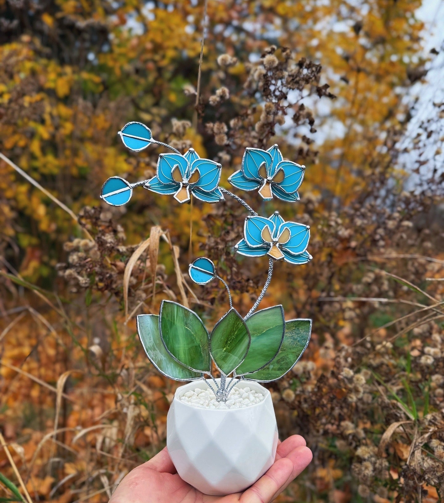 " . Tiffany turquoise Orchid 3 flowers with pot” Stained glass tropical flower 3D, Sun catcher, Table plant, Garden stick, Outdoor and gardening decor, available