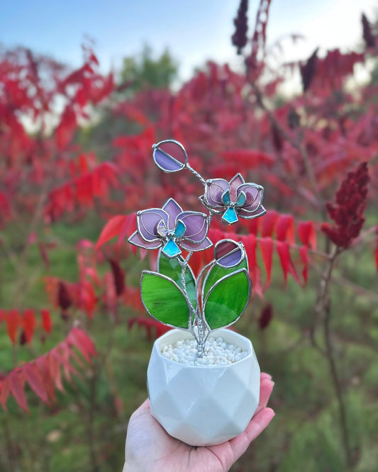 " . Dusty Rose Orchid 2 flowers with pot” Stained glass tropical flower 3D, Sun catcher, Table plant decor, Garden stick, Outdoor and gardening decor