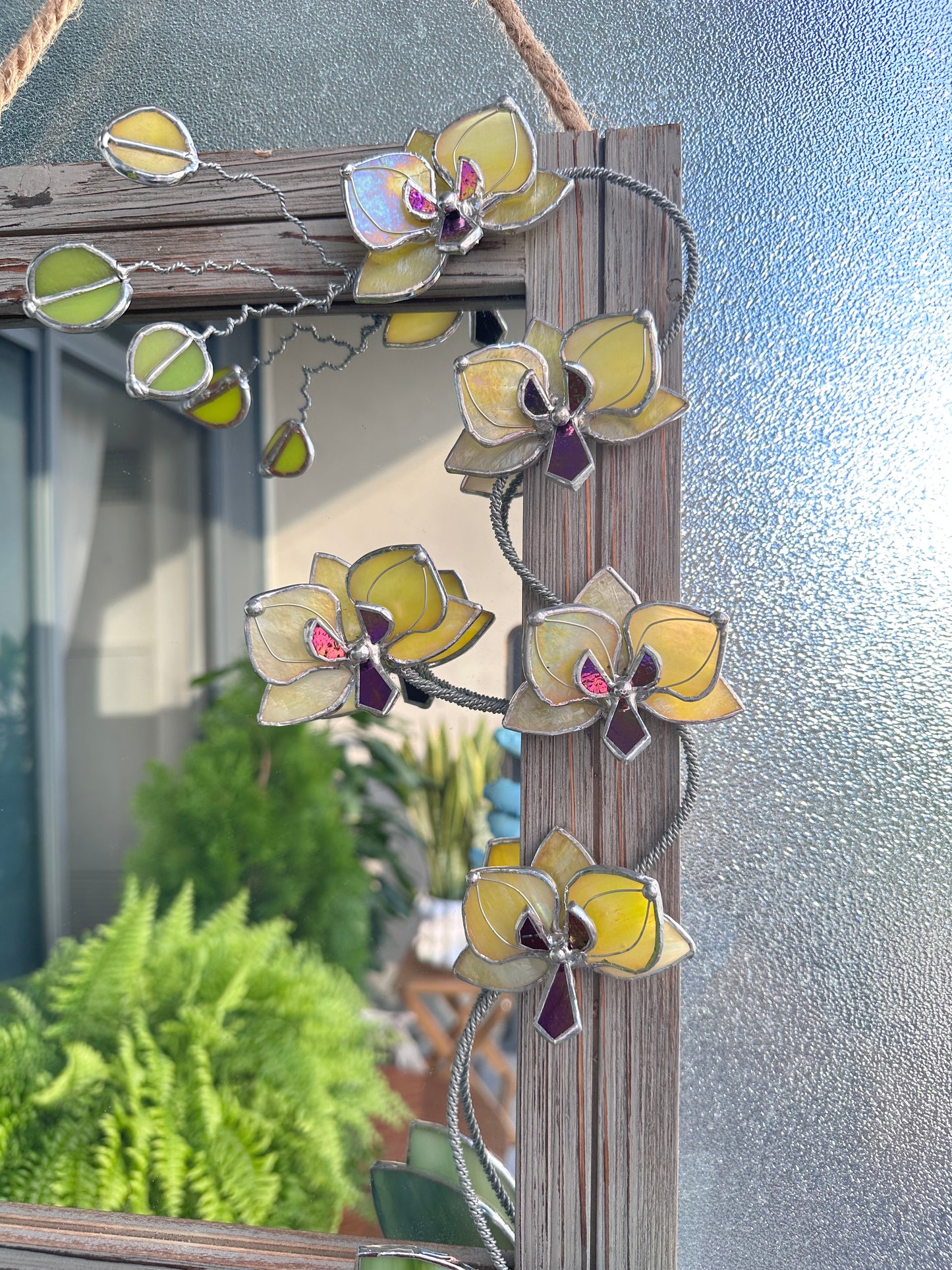 ". Blooming Orchid Yellow iridescent" Stained glass flower Mirror, Wall decor, Wedding, Christmas gift