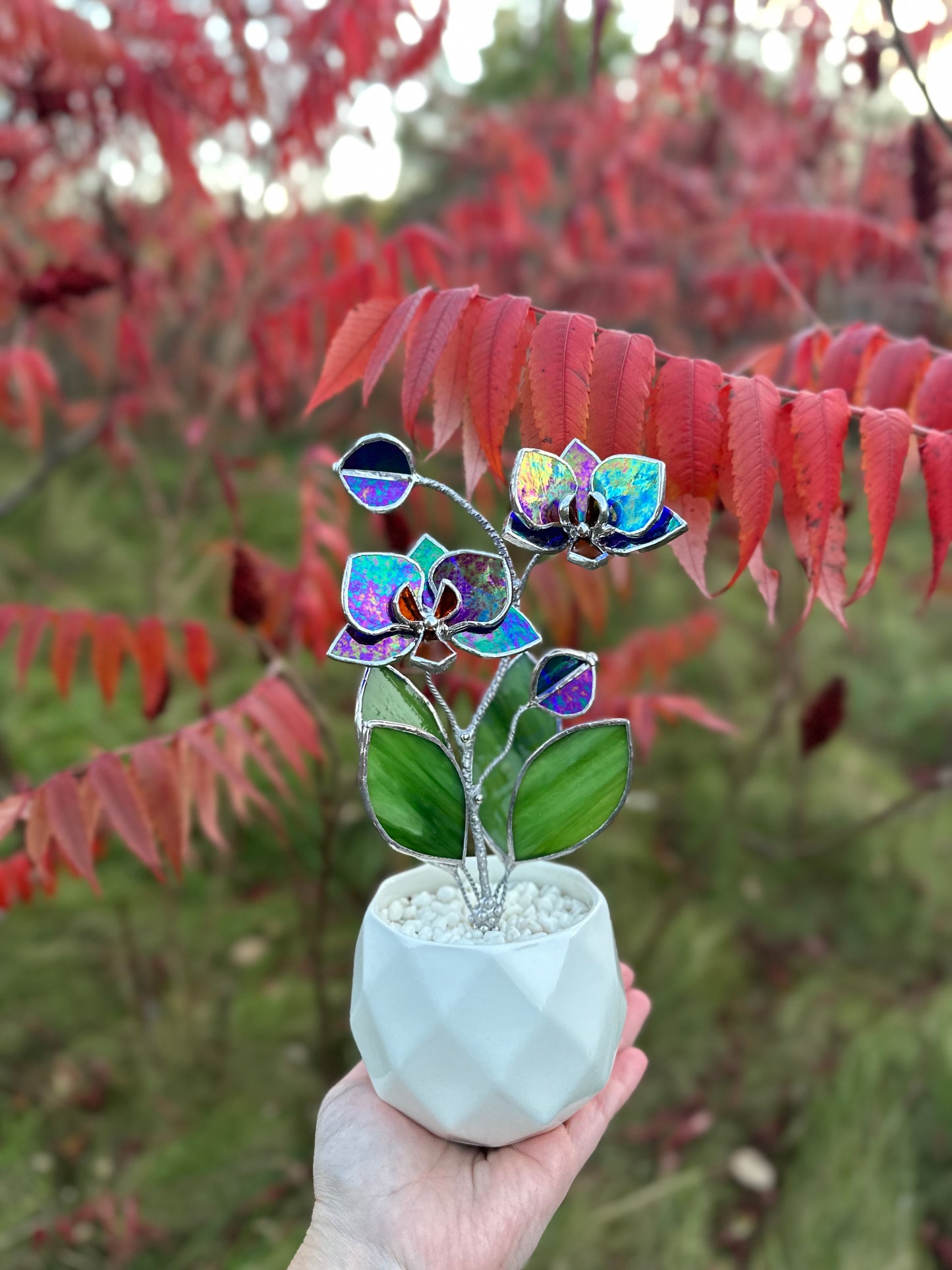 " . Indigo iridescent Orchid 2 flowers with pot” Stained glass tropical flower 3D, Sun catcher, Table plant decor, Garden stick, Outdoor and gardening decor