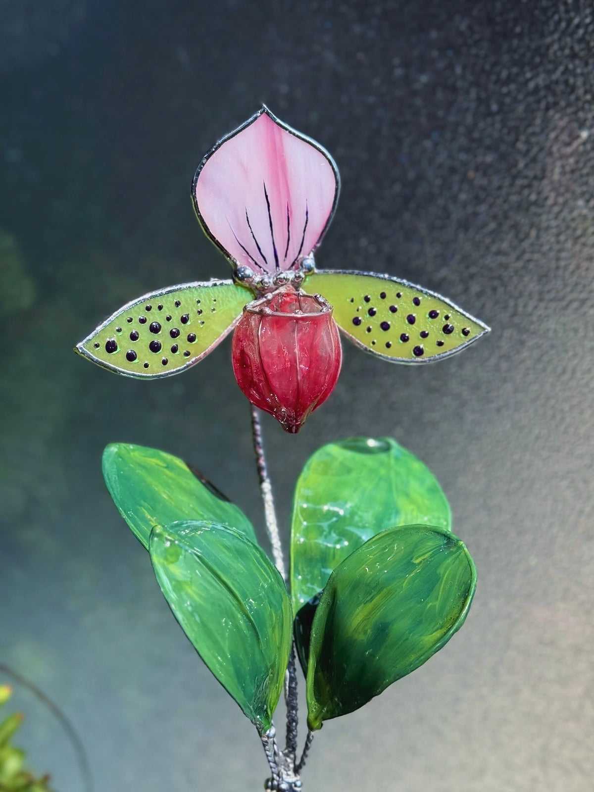 Lady’s Slipper Orchid, Handpainted Artificial Flower With Resin Leaves, Botanical Art Stained glass