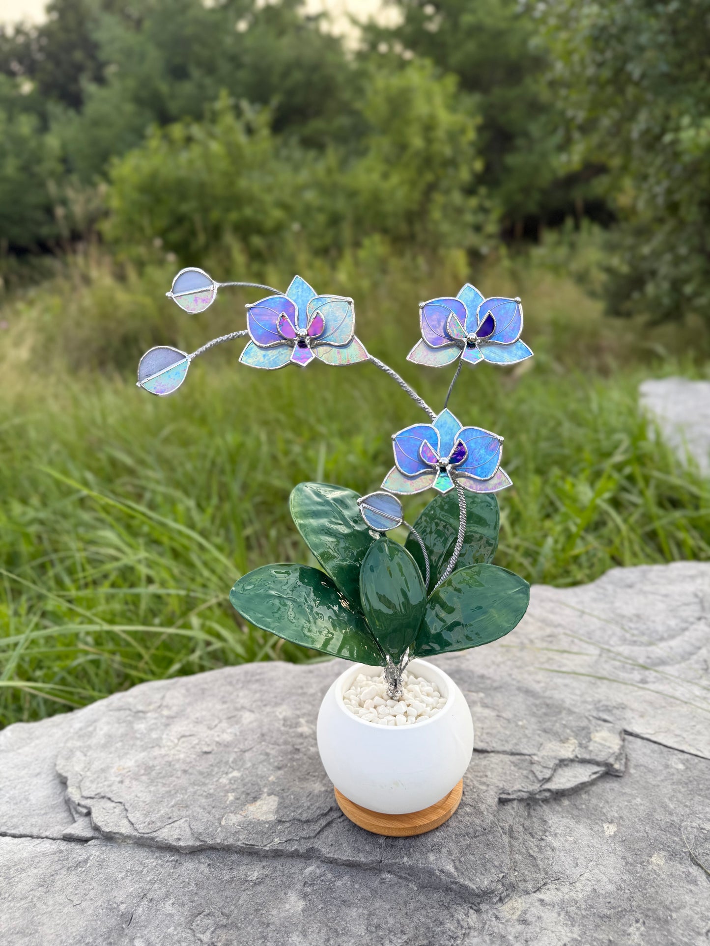 Orchid Lavender Blue Stained Glass WITH Hand Painted RESIN LEAVES, 3 Flowers, Botanical Table Decor