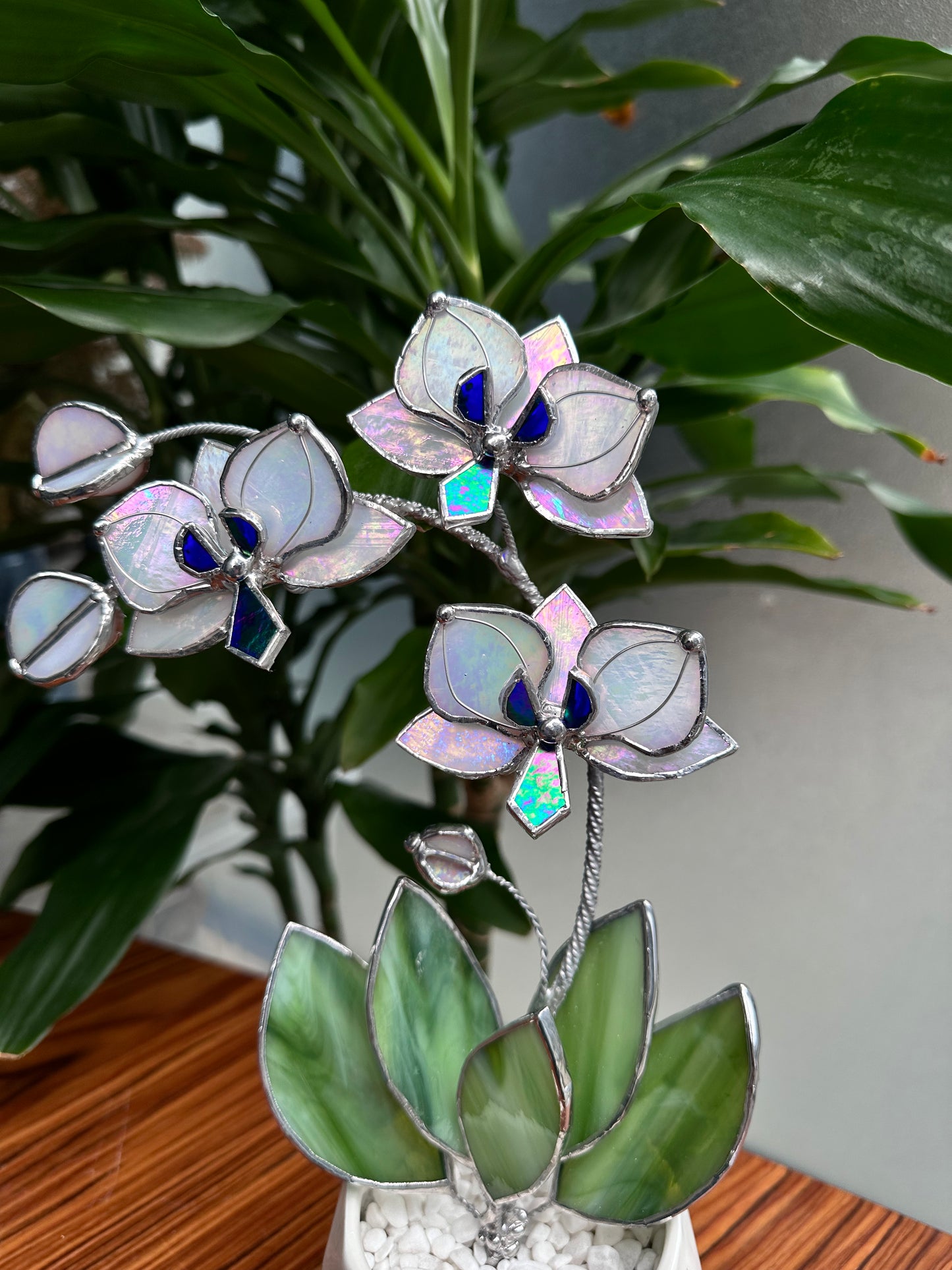 ". White Pearl iridescent Orchid 3 flowers with pot” Stained glass tropical flower 3D, Sun catcher, Table plant decor, Garden stick, Outdoor and gardening decor