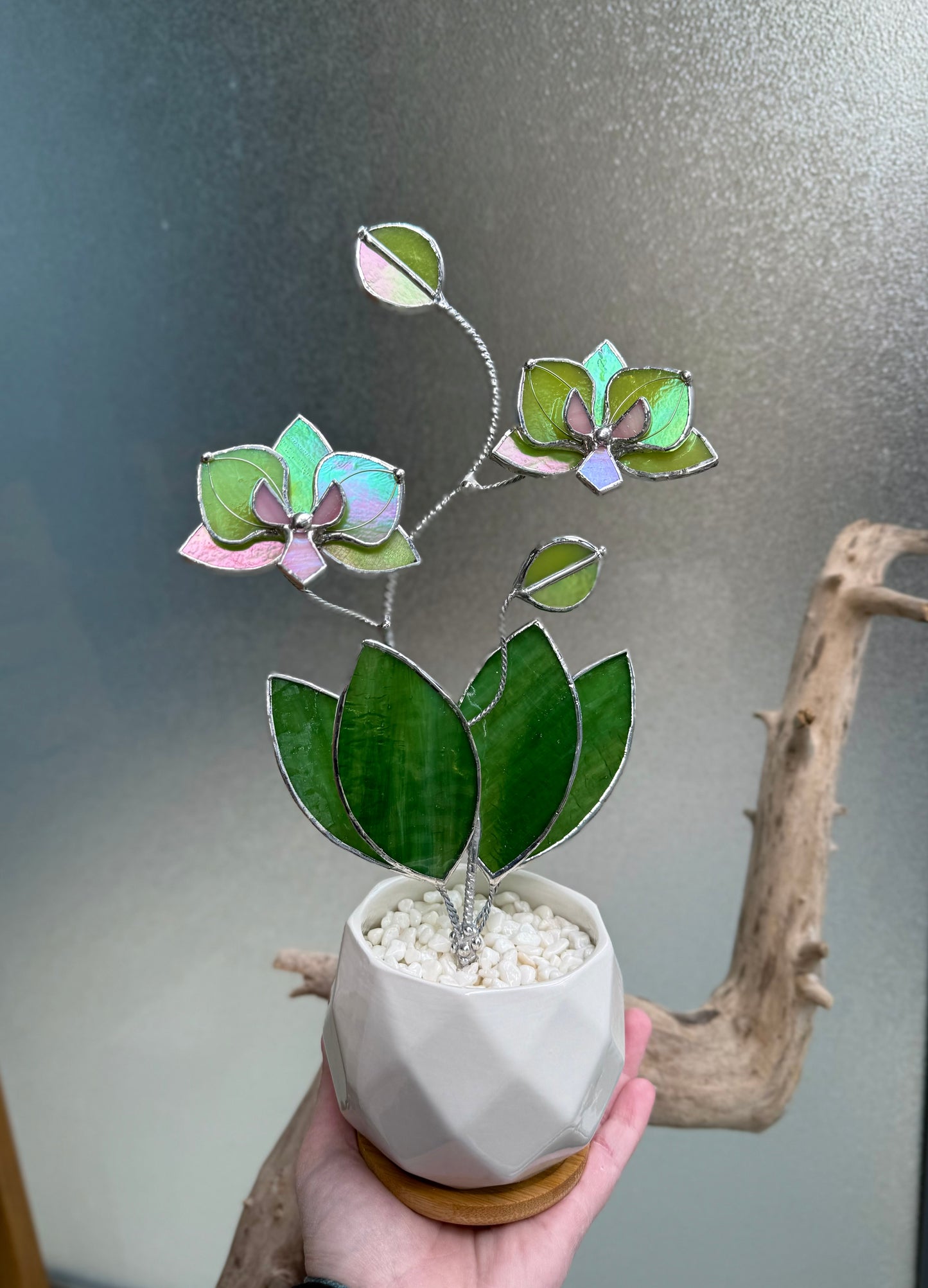 " .  Bright green iridescent Orchid, 2 flowers with pot” Stained glass tropical flower 3D, Suncatcher, Table plant decor