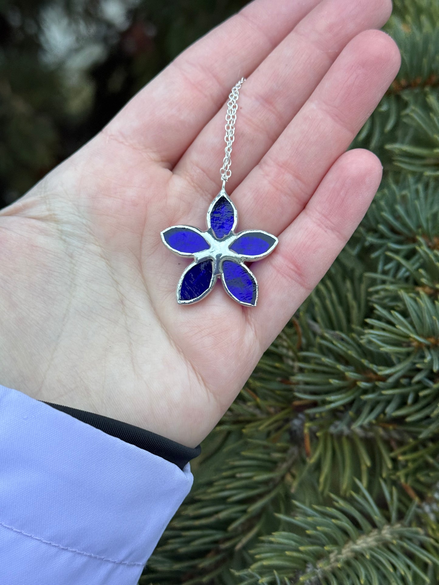 Forget Me Not Necklace Stained Glass Necklace Indigo, Botanical Jewelry