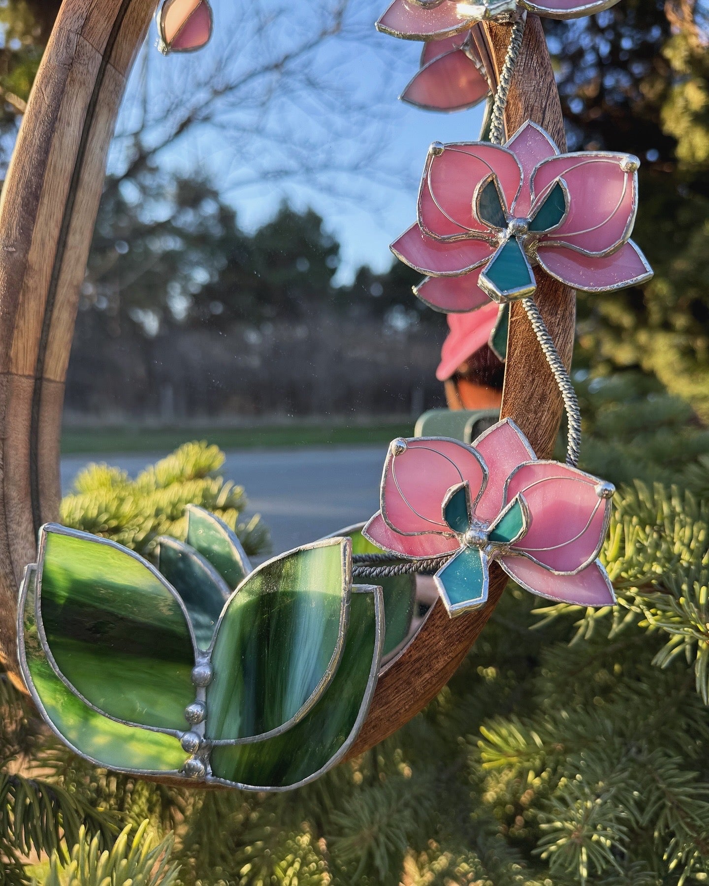 " . Bright Pink Orchid Mirror”, Stained glass flower Wall decor, Suncatcher, Home wedding Decor, Christmas gift, available