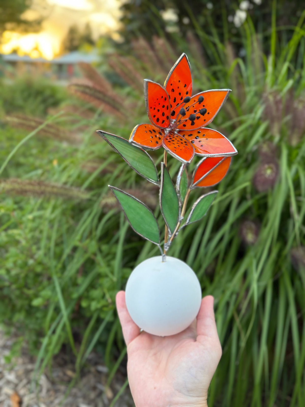 Tiger Lily with bud, Stained Glass Botanical Art, Modern Decor