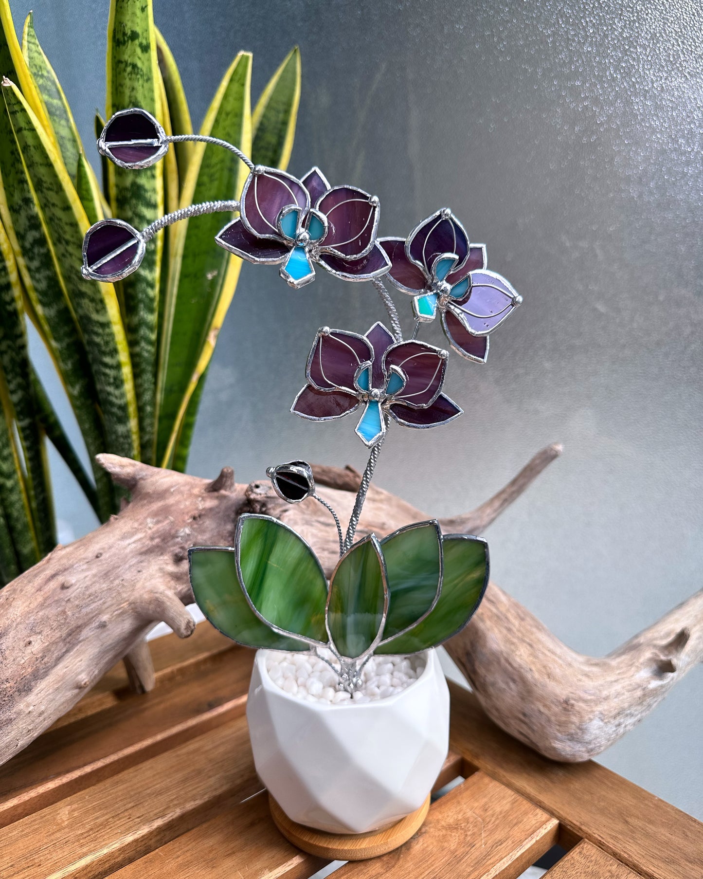 ". Reach Elderberry Orchid 3 flowers with pot” Stained glass tropical flower 3D, Sun catcher, Table plant decor, Garden stick, Outdoor and gardening decor