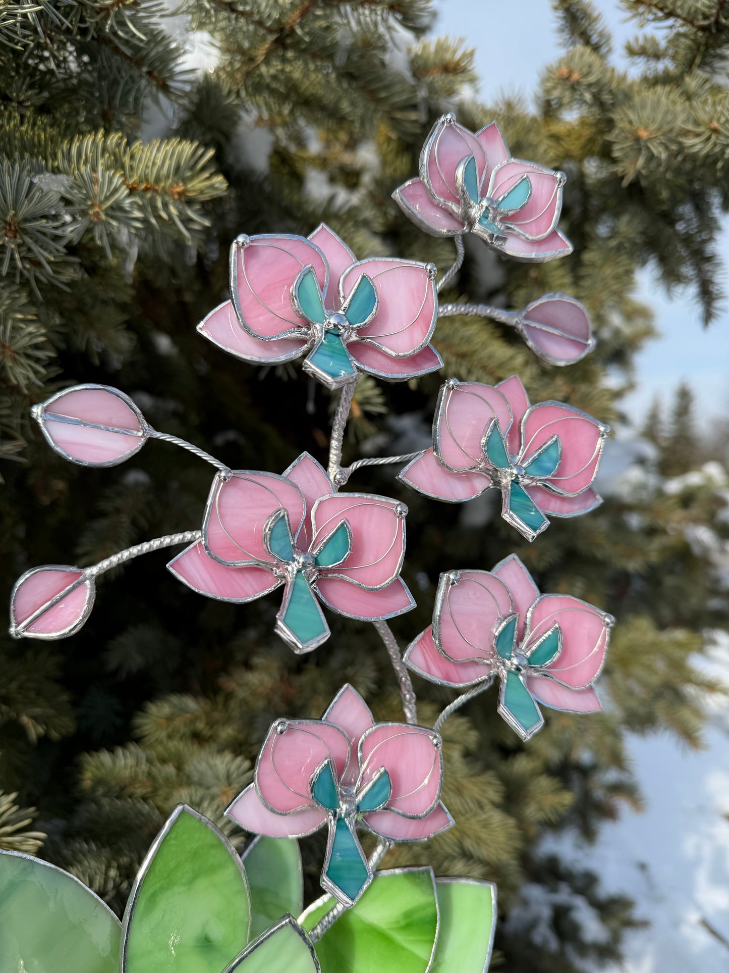 " . Bright Pink Orchid 6 flowers with pot" 2025 design, Stained glass tropical flower 3D, Sun catcher, Table plant, Garden stick, wedding decor, Christmas gift