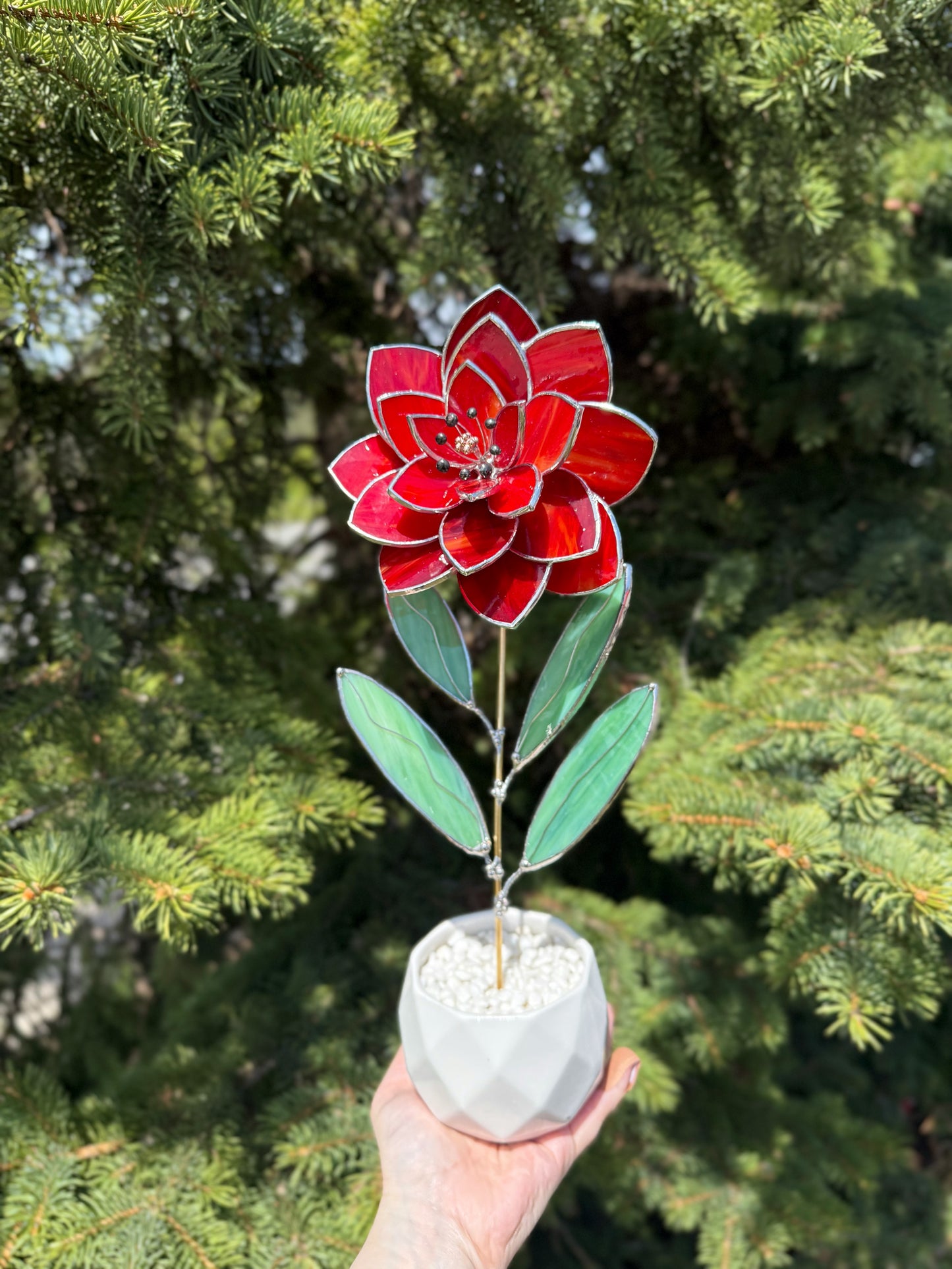 .Amber Red Peony Stained glass flower 3D Botanical Table Plant Decor new