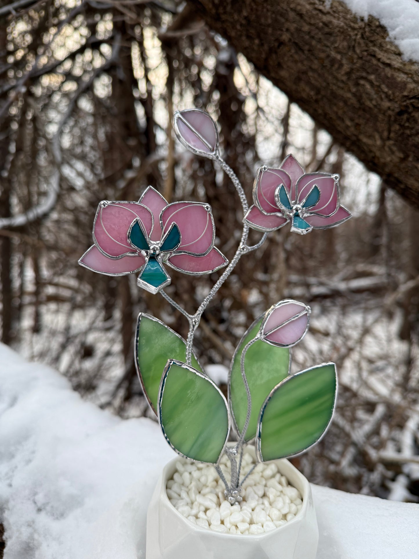 " . Bright Pink Orchid, 2 flowers with pot” Stained glass tropical flower 3D, Sun catcher, Table plant decor, Garden stick, Outdoor and gardening decor