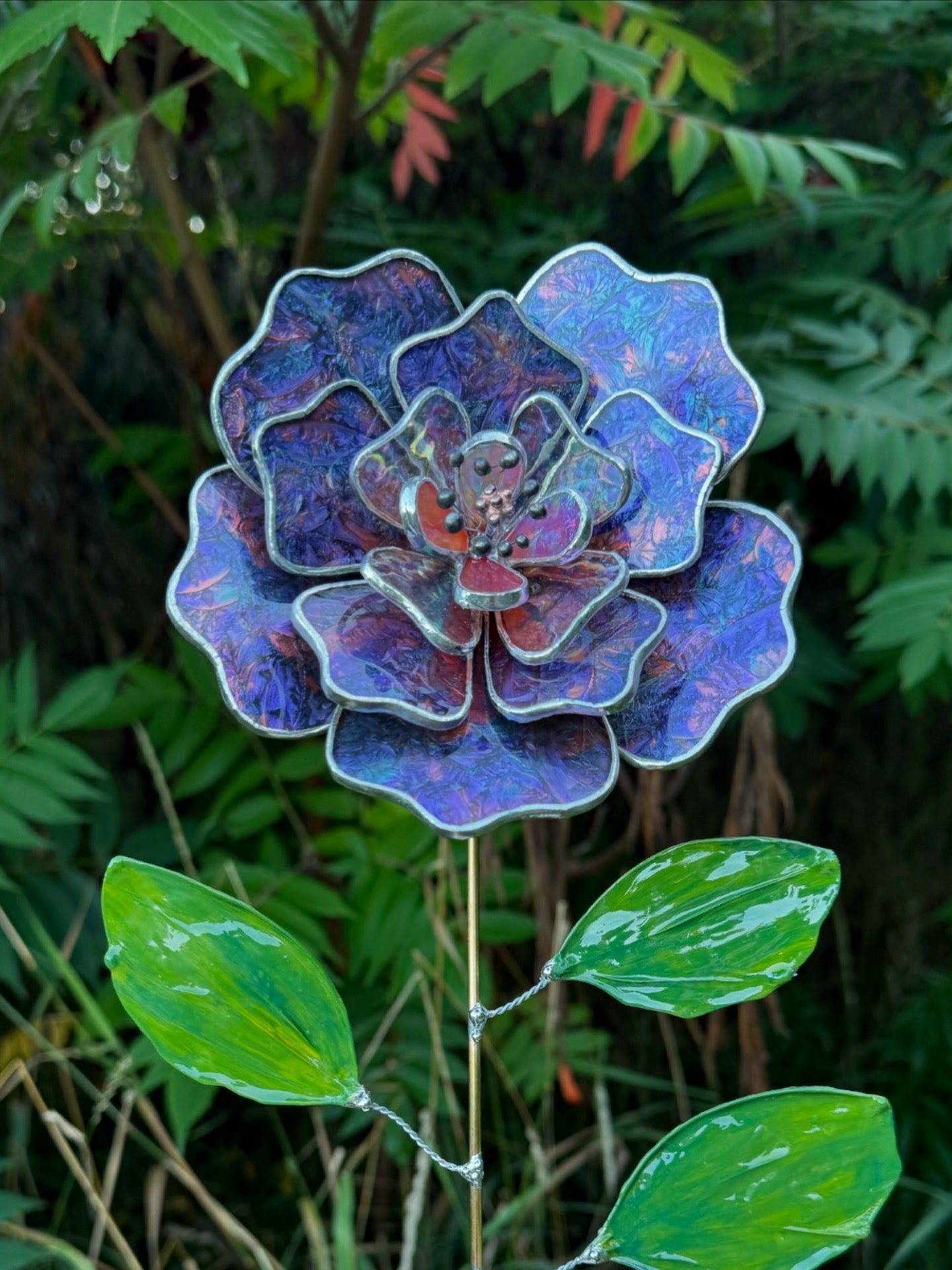 .Multicolor Peony Stained glass flower with RESIN LEAVES 3D Botanical Table Plant Decor