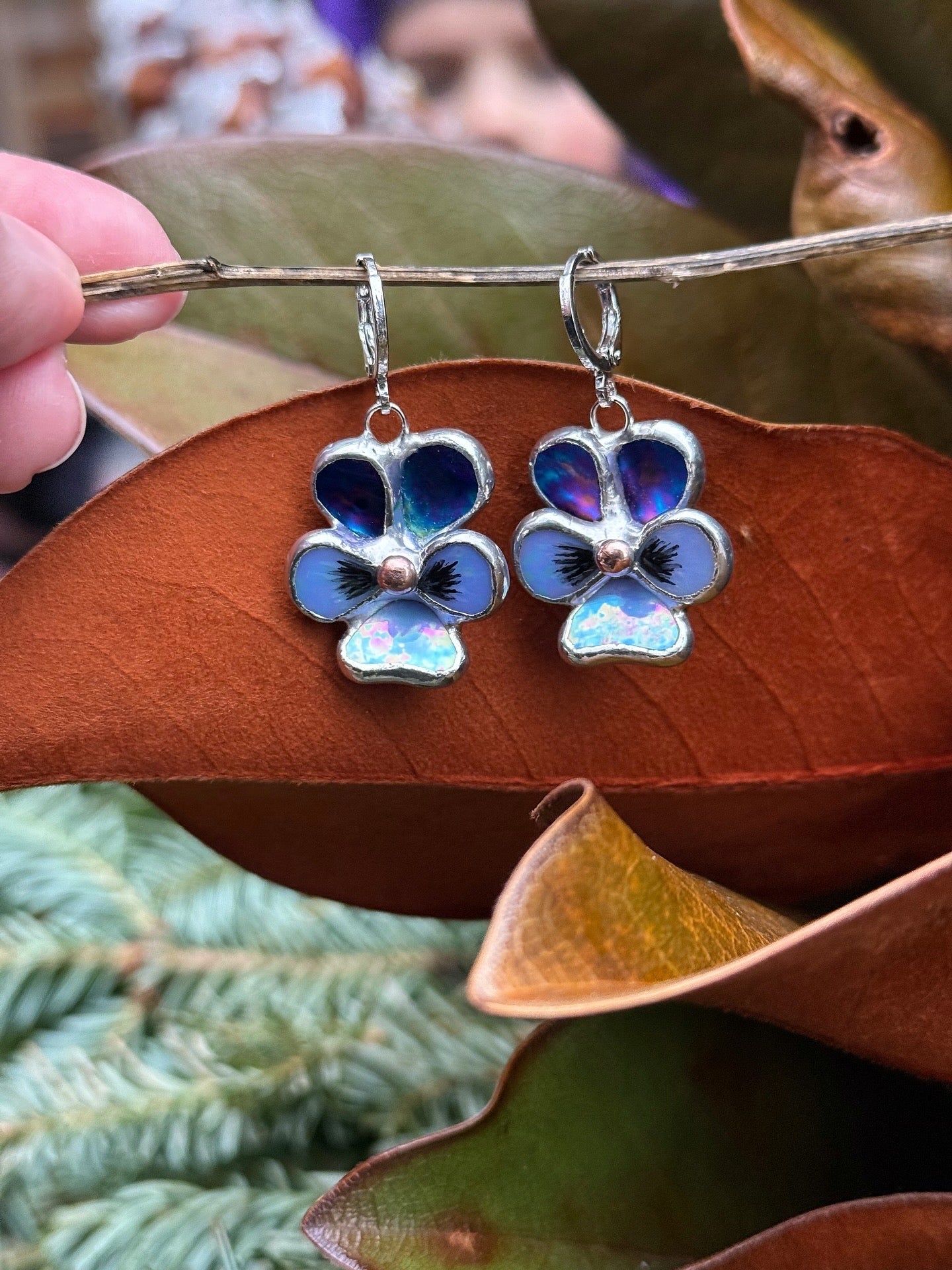 "  . Earrings Pansy flower Indigo iridescent” Stained glass modern floral art jewelry