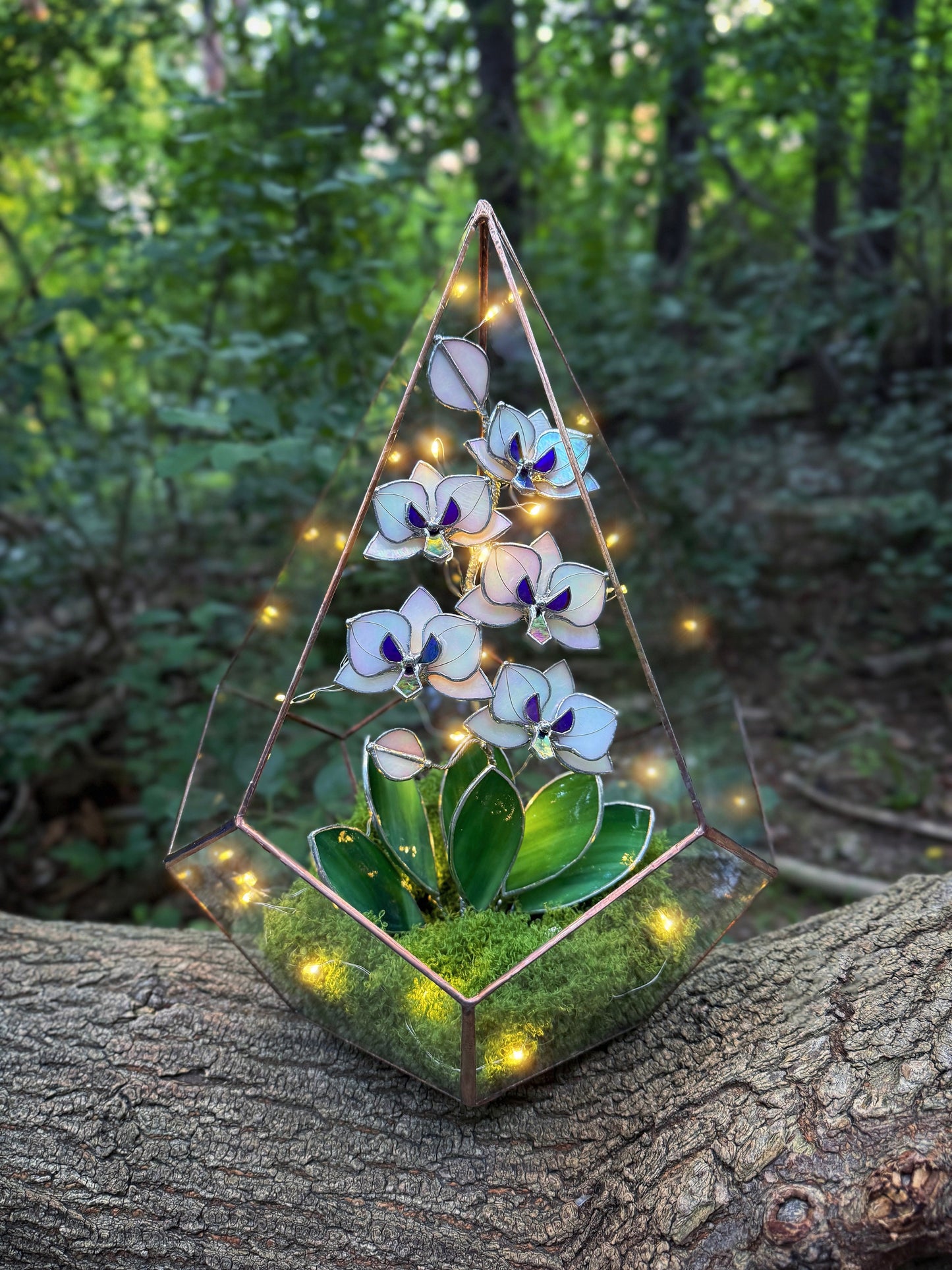.CHOOSE COLOR Handcrafted Geometric glass 3D terrarium Teardrop with stained glass orchid