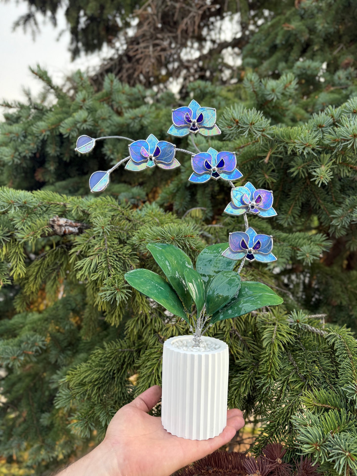 .Blue lavender Orchid, WITH RESIN LEAVES, 5 Flowers, Handmade Stained Glass Botanical Art Decor