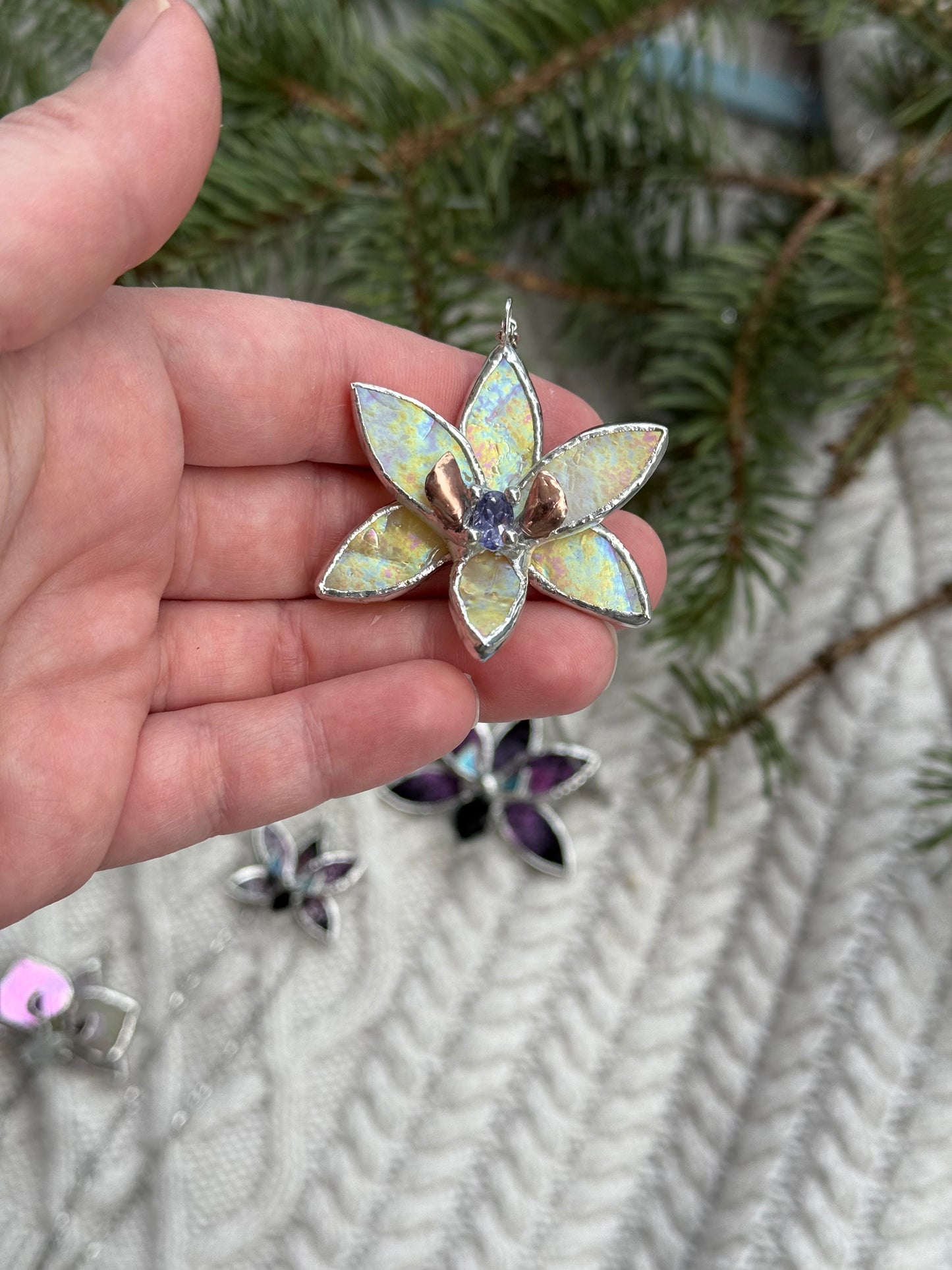 " . Necklace Tropical Orchid Yellow iridescent with Blue Iolite ” Stained glass tropical flower 3D, art jewelry