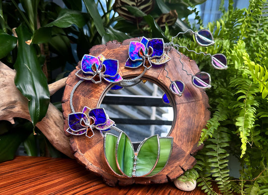 " .Amethyst gold luminescent Orchid Mirror" Stained glass flower Wall decor.  Sun catcher Wooden frame Home wedding Decor Art. Christmas gift, available