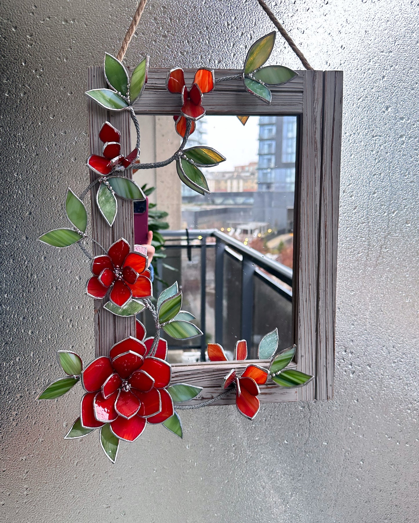 " .Flower Mirror Ruby Red Magnolia, Stained glass Wedding Wall Decor, Christmas gift, Suncatcher