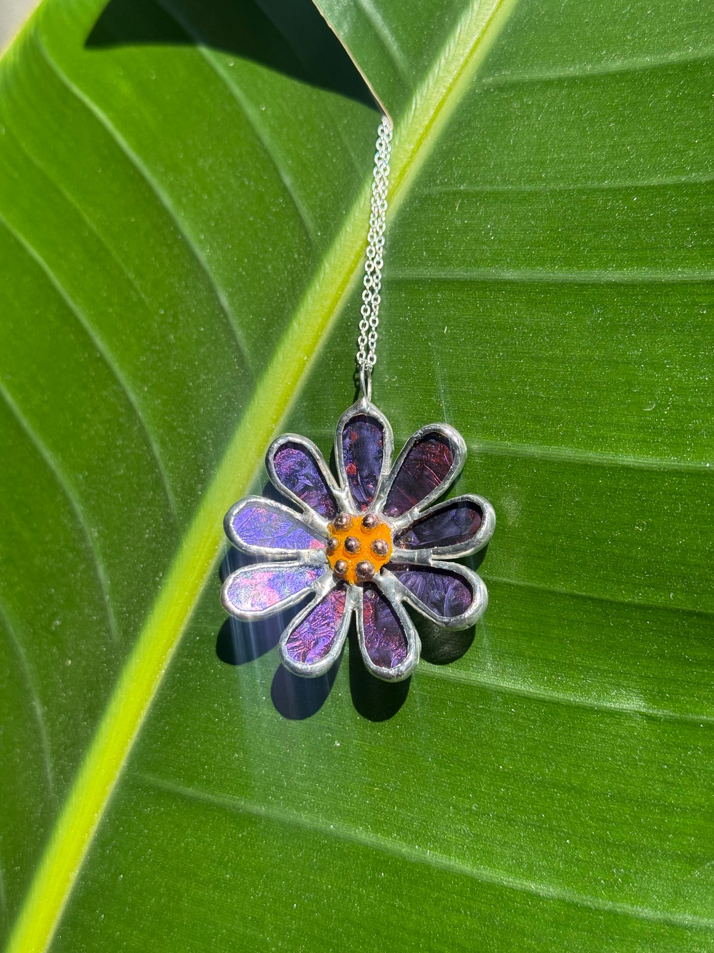 Daisy Purple & Pink, Stained Glass Necklace or Brooch, Handmade Botanical Jewelry