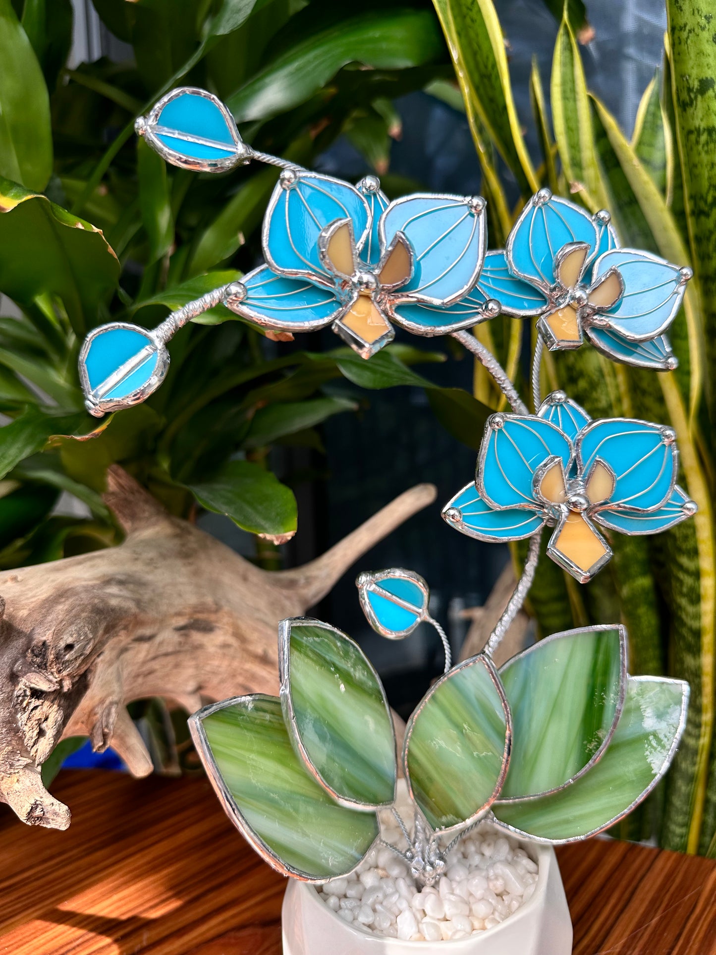 " . Tiffany turquoise Orchid 3 flowers with pot” Stained glass tropical flower 3D, Sun catcher, Table plant, Garden stick, Outdoor and gardening decor, available