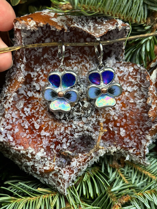 "  . Earrings Pansy flower Indigo iridescent” Stained glass modern floral art jewelry