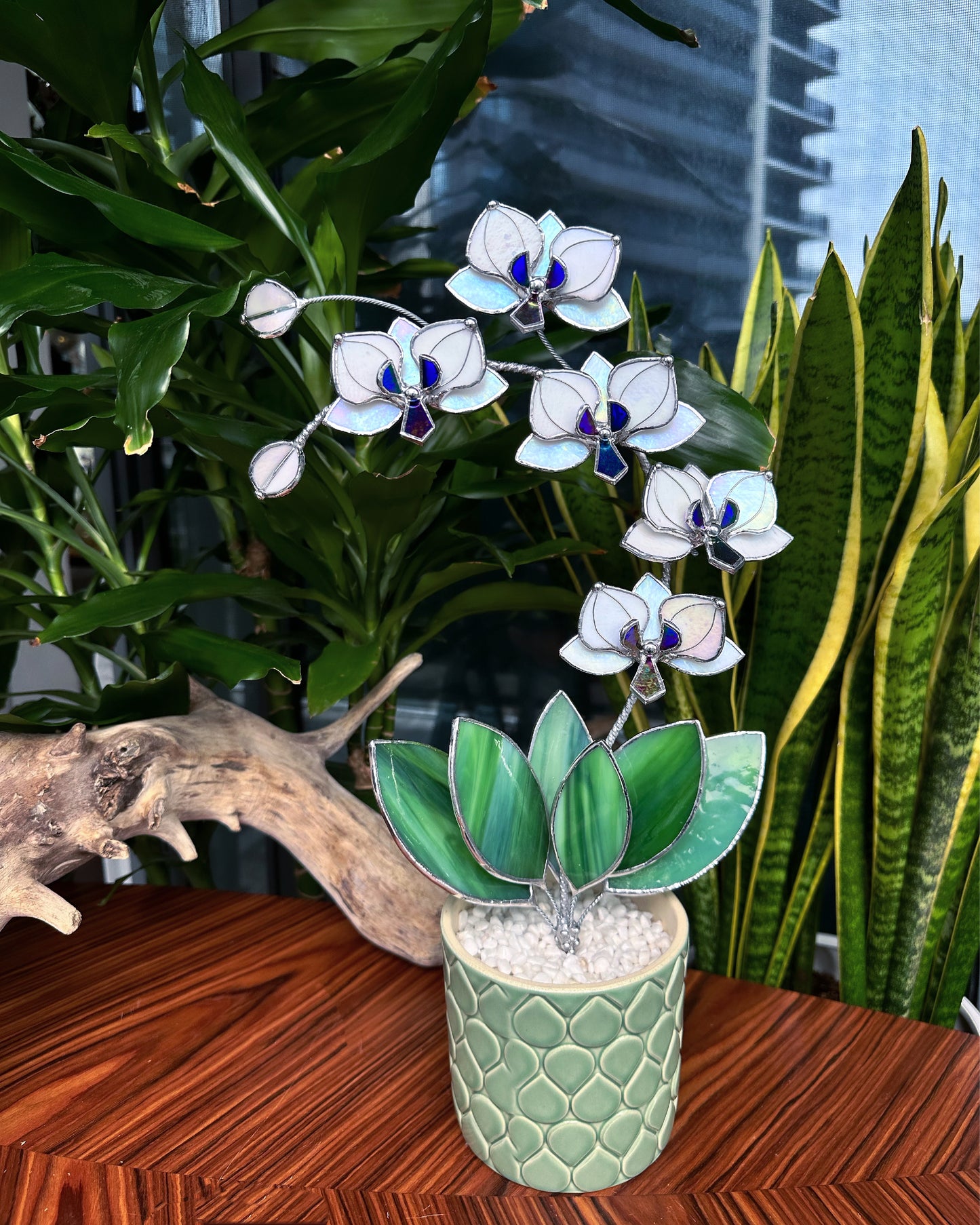 ". White Pearl iridescent Orchid 5 flowers with pot” Stained glass tropical flower 3D, Sun catcher, Table plant decor, Garden stick, Outdoor and gardening decor