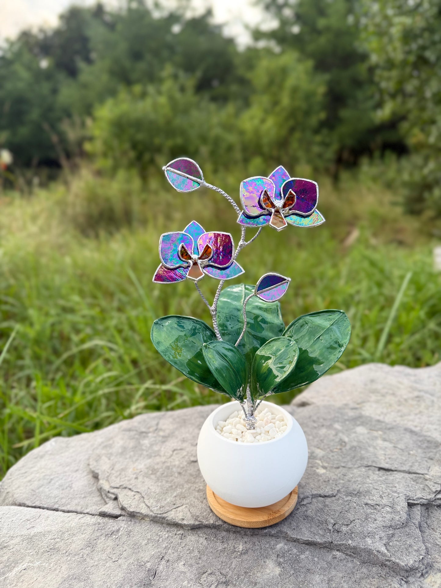 Orchid Indigo iridescent WITH RESIN Hand painted LEAVES Stained Glass 2 flowers in a Pot, Botanical Art Sculpture