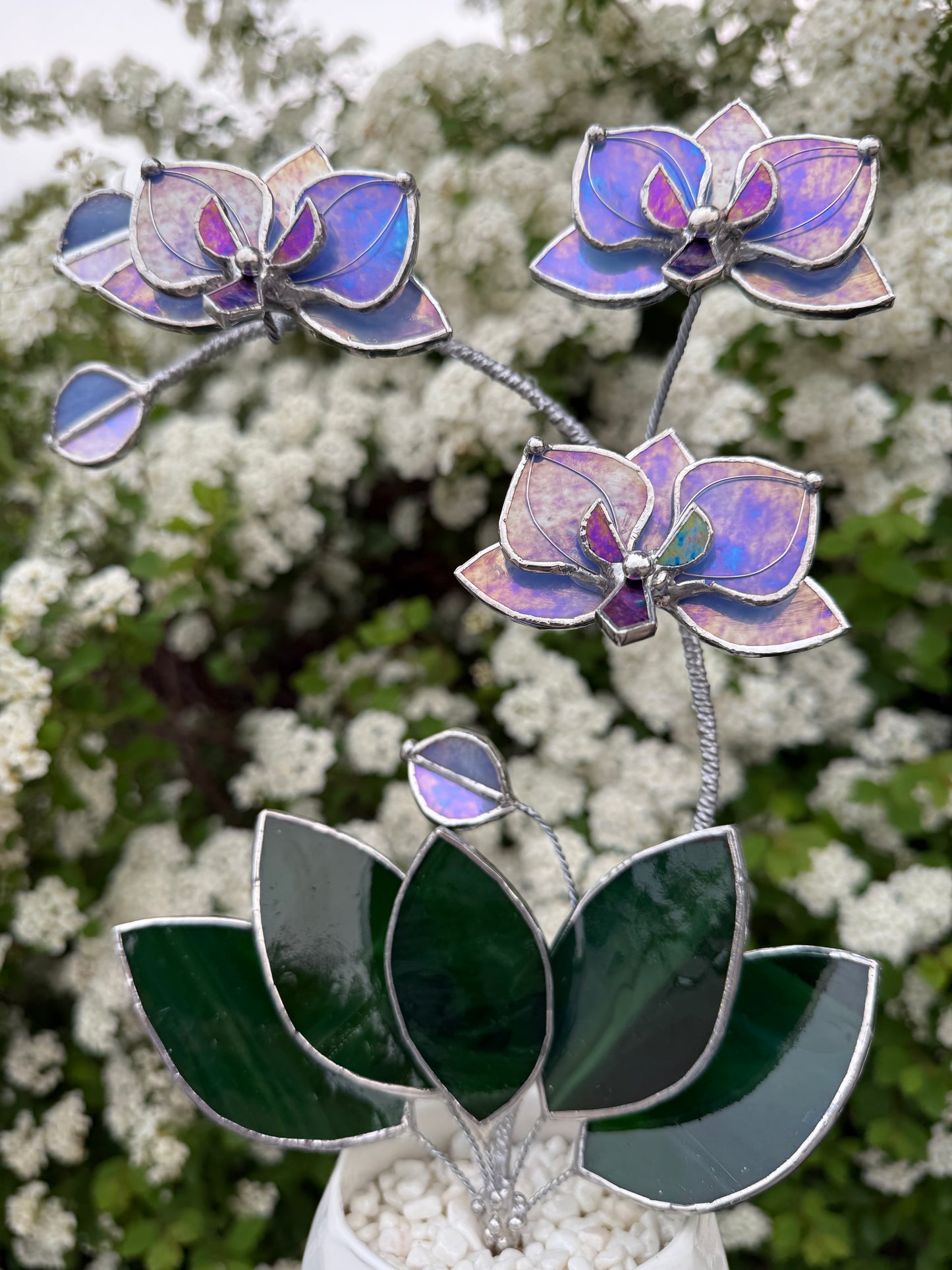 " . Blue lavender iridescent Orchid 3 flowers with pot” Stained glass tropical flower 3D, Sun catcher, Table plant, Garden stick, Outdoor and gardening decor available new