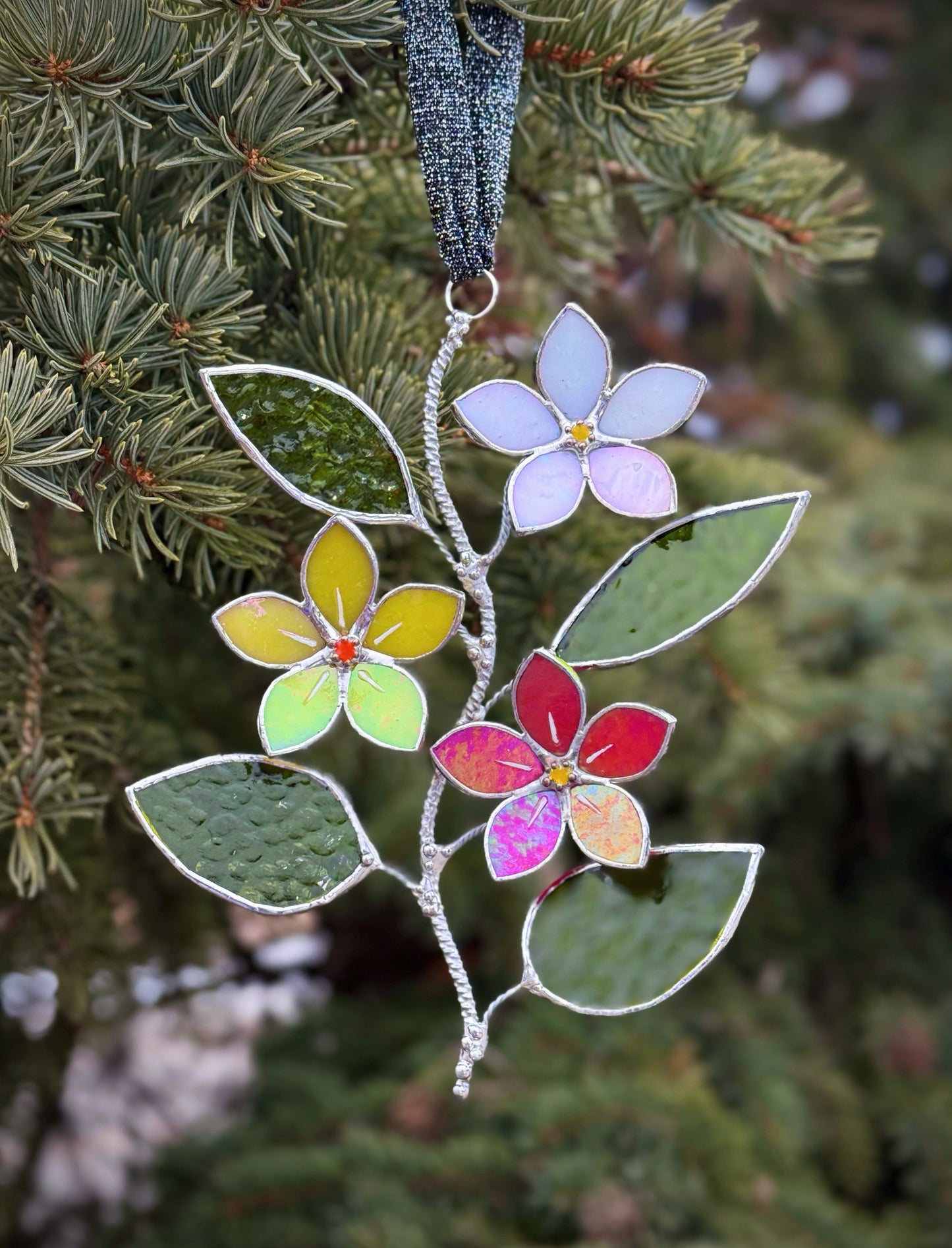 Forget Me Not Artisan Warm Gradient Stained Glass Suncatcher Wall Decor ready