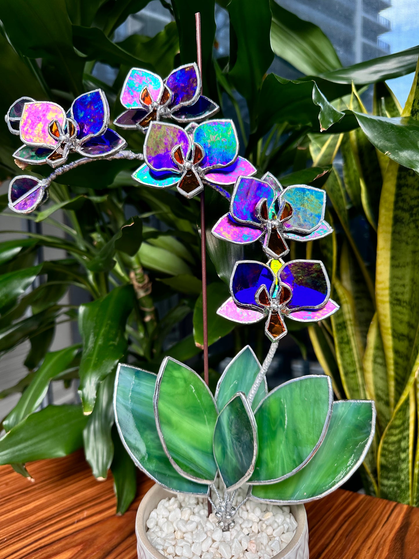 " .Indigo iridescent Orchid 5 flowers with pot" Stained glass tropical flower 3D, Sun catcher, Table plant, Garden stick, wedding decor, Christmas gift