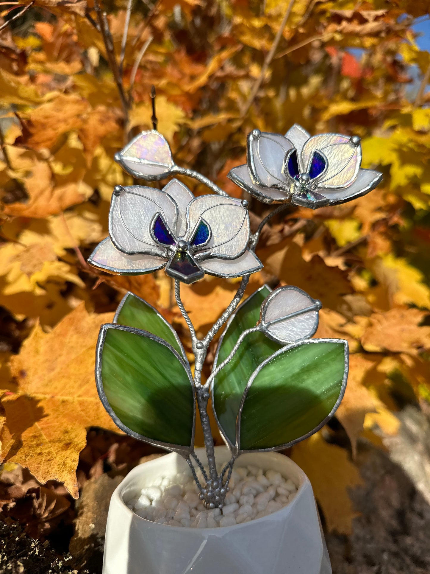 " . Orchid White Pearl iridescent, 2 flowers with pot” Stained glass tropical flower 3D, Sun catcher, Table plant decor, Garden stick, Outdoor and gardening decor