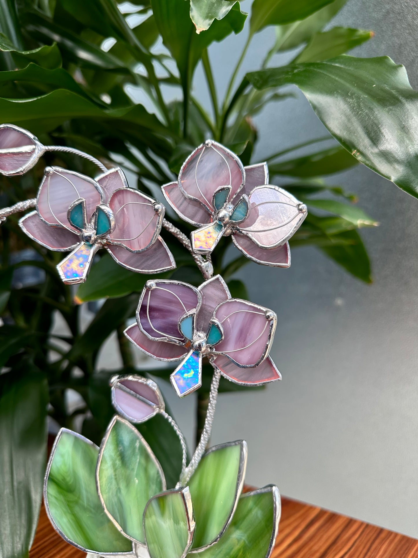 " .Dusty Rose translucent Orchid 3 flowers with pot” Stained glass tropical flower 3D, Sun catcher, Table plant, Garden stick, Outdoor and gardening decor