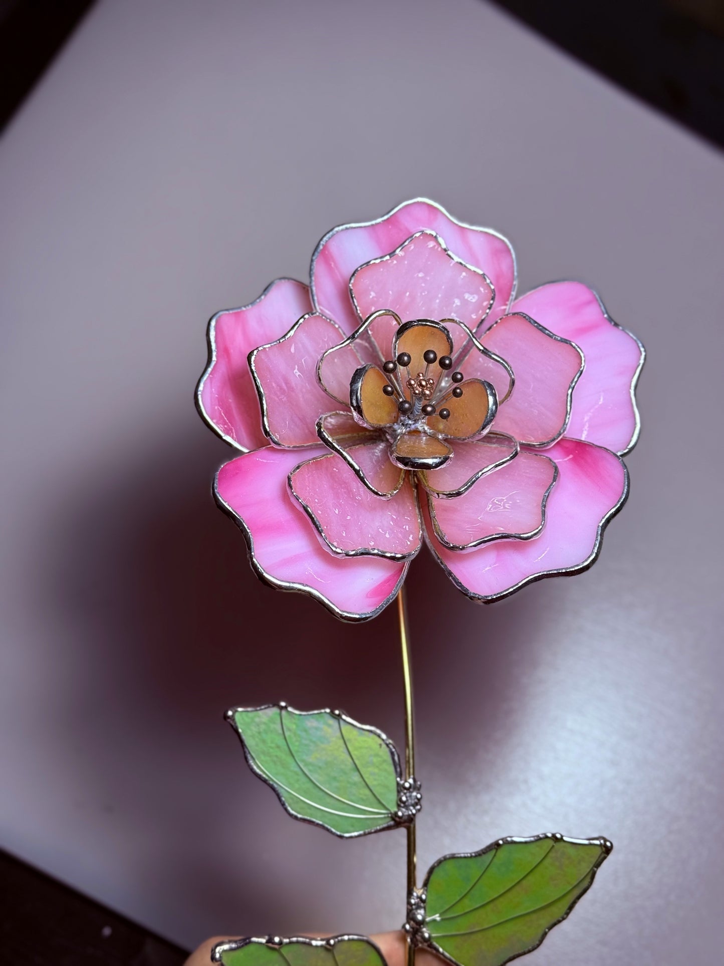 Candy Pink Peony Stained glass flower 3D Botanical Table Plant Decor